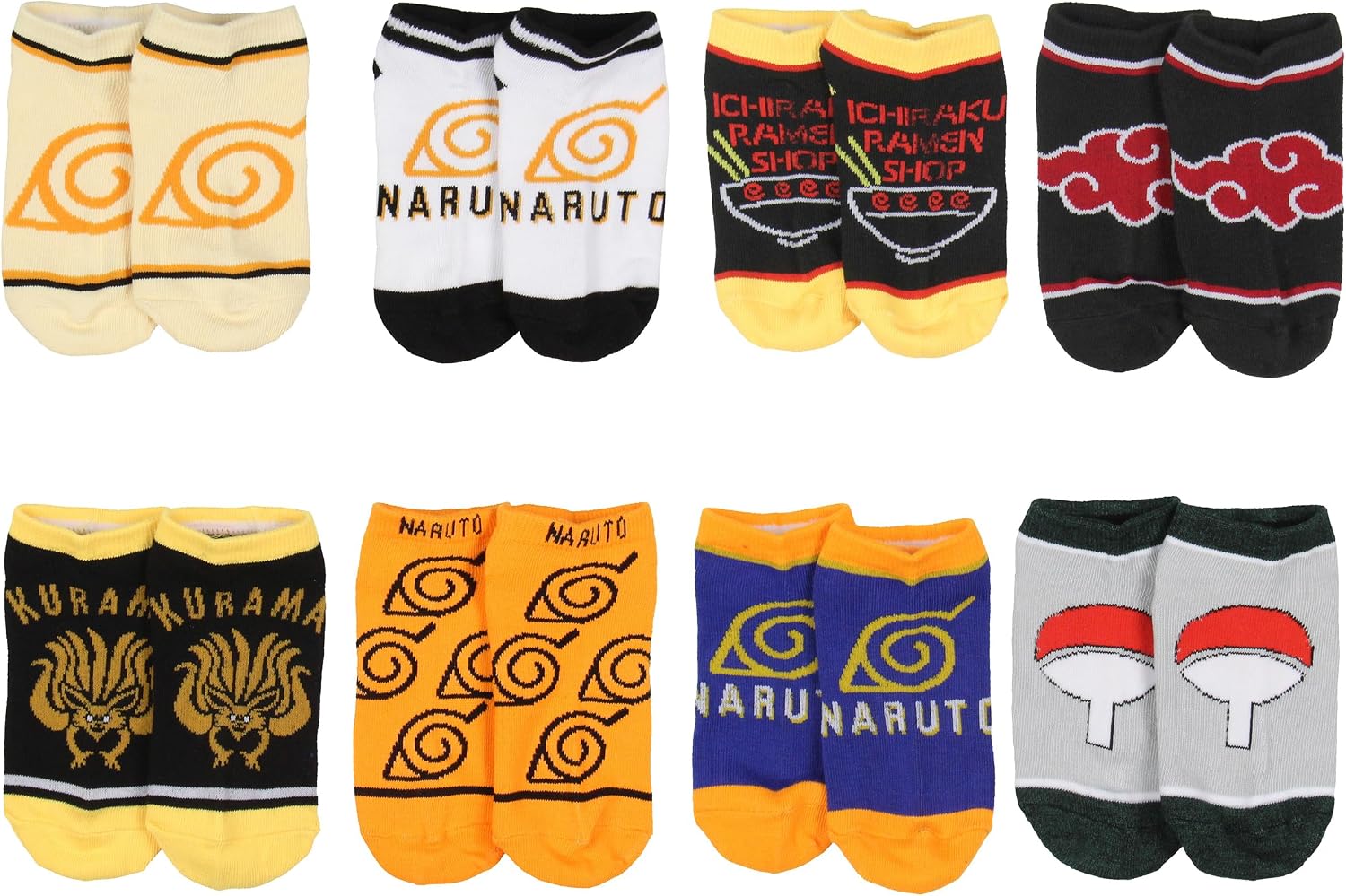 Bioworld Naruto Shippuden Boy's Hidden Leaf Kanoha Anime Mix and Match Ankle Socks 8 Pair