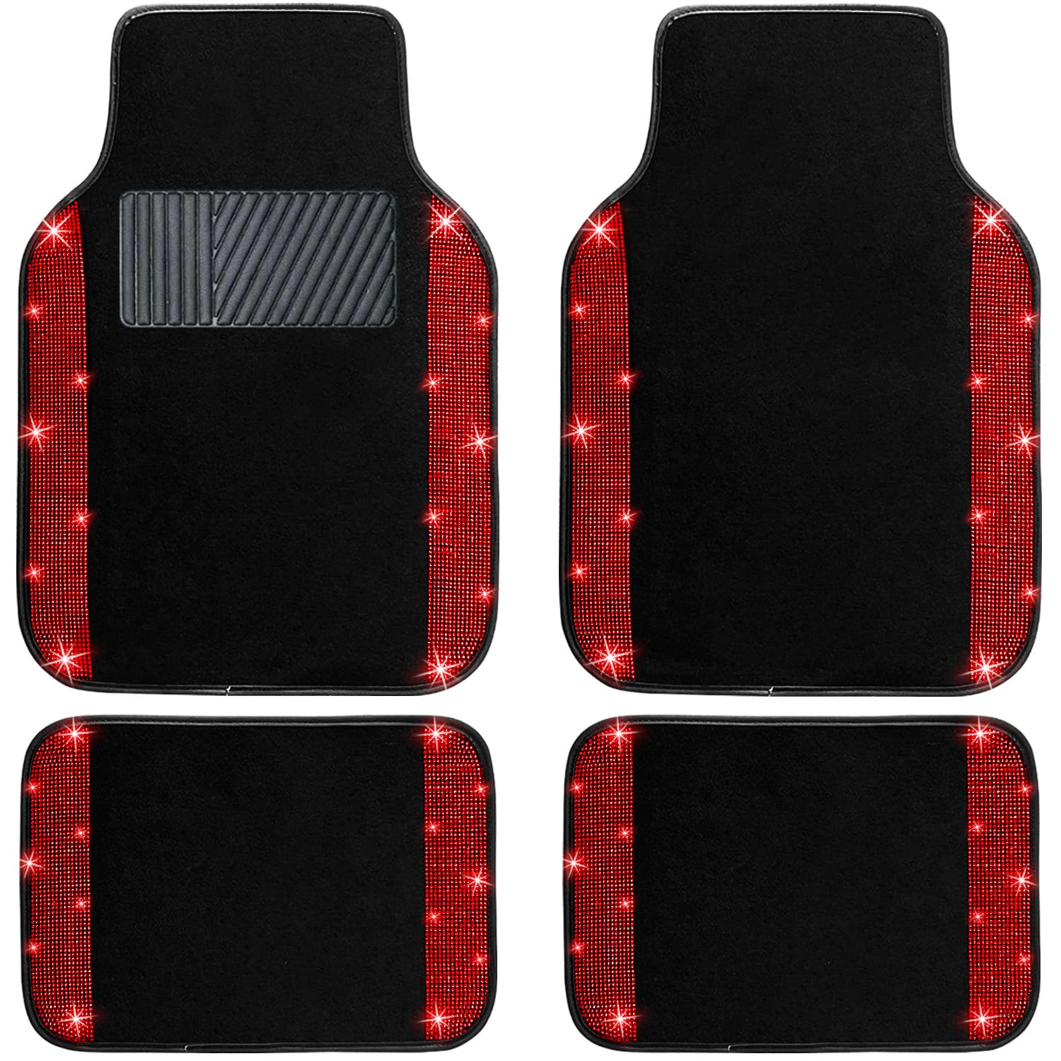 NBTEPEM Red Bling Car Floor Mats Full Set, Universal Fit Most Cars,SUV, Trucks, 4 pcs Sparkle Glitter Diamond Carpet for Women Girls with Anti-Slip