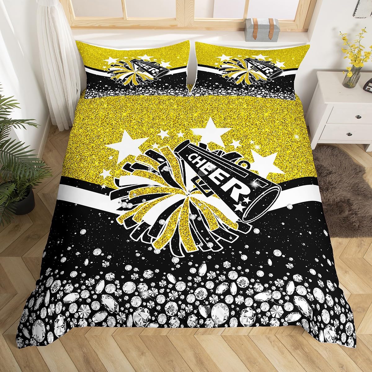 Mädchen Cheeleading Bettbezug Schwarz und Gold Diamant Glitter Pailletten Bettwäsche,Süße Cheeleading Tröster Abdeckung Kawaii Prinzessin Tänzer Ballett Bettwäsche Set mit mit 1 Kissenbezug,135x200
