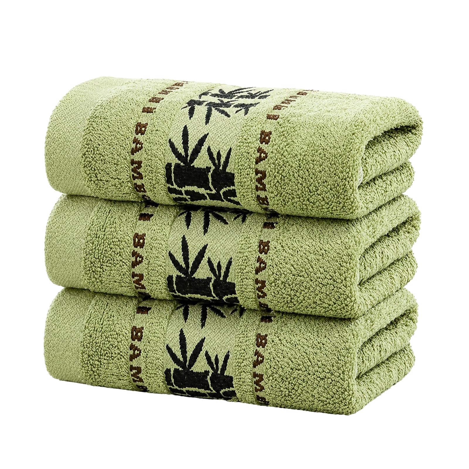 Minifactory 3PCS Bamboo Fiber Towel Set, Ultra Soft Quick Dry Wash Cloths with Bamboo Pattern, 450GSM Absorbent Bathroom Towels, Modern Rectangular Face Towels for Home Bathroom Use (Green)