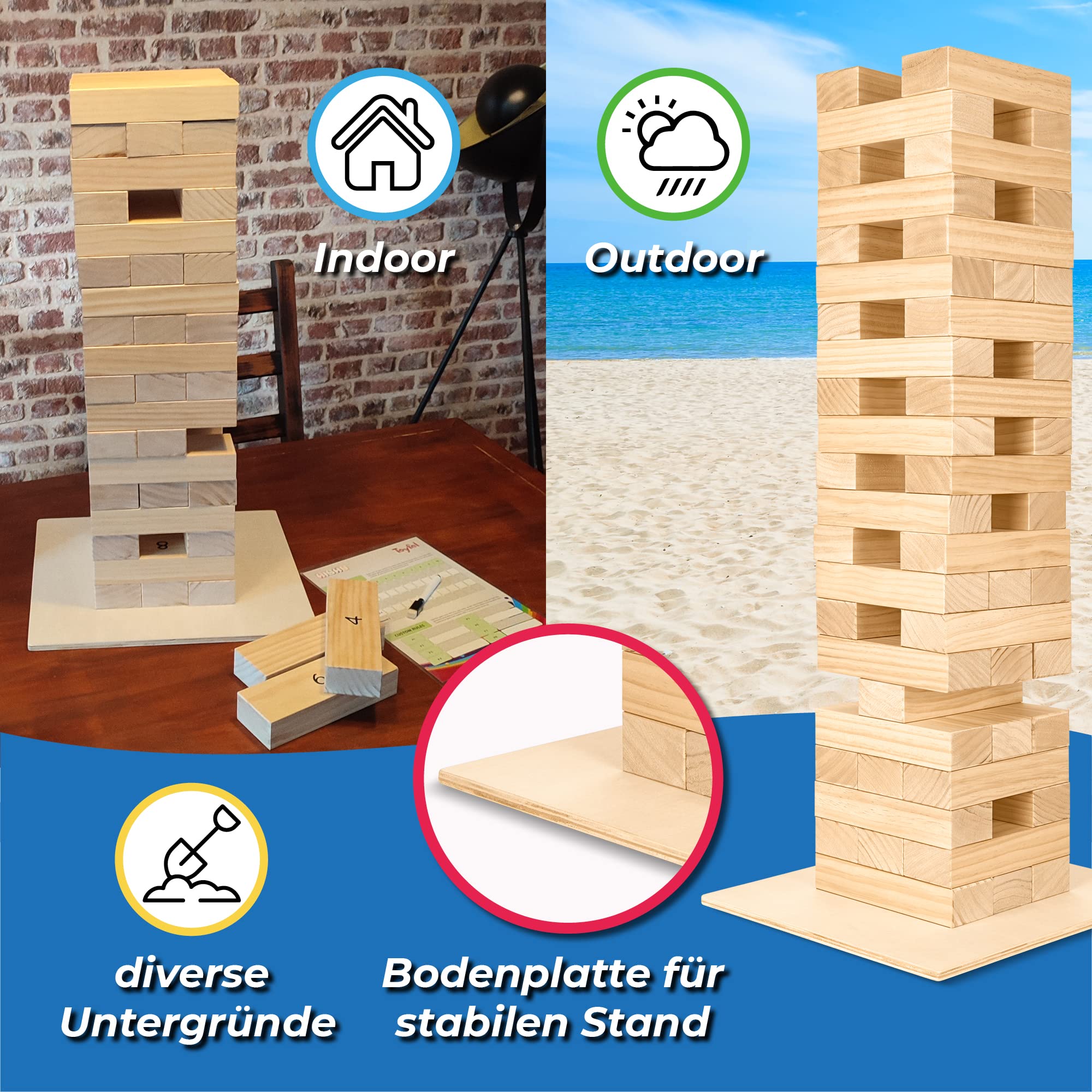XXL Wackelturm Riesen Stapelturm Outdoor Spiel - Toyfel® Wackelturm Holz 0,7-1,2m hoch Bodenplatte, Tragetasche, Punktetafel Familienspiele Holz FSC® Gartenspiele Spiele für draußen Tip Tower