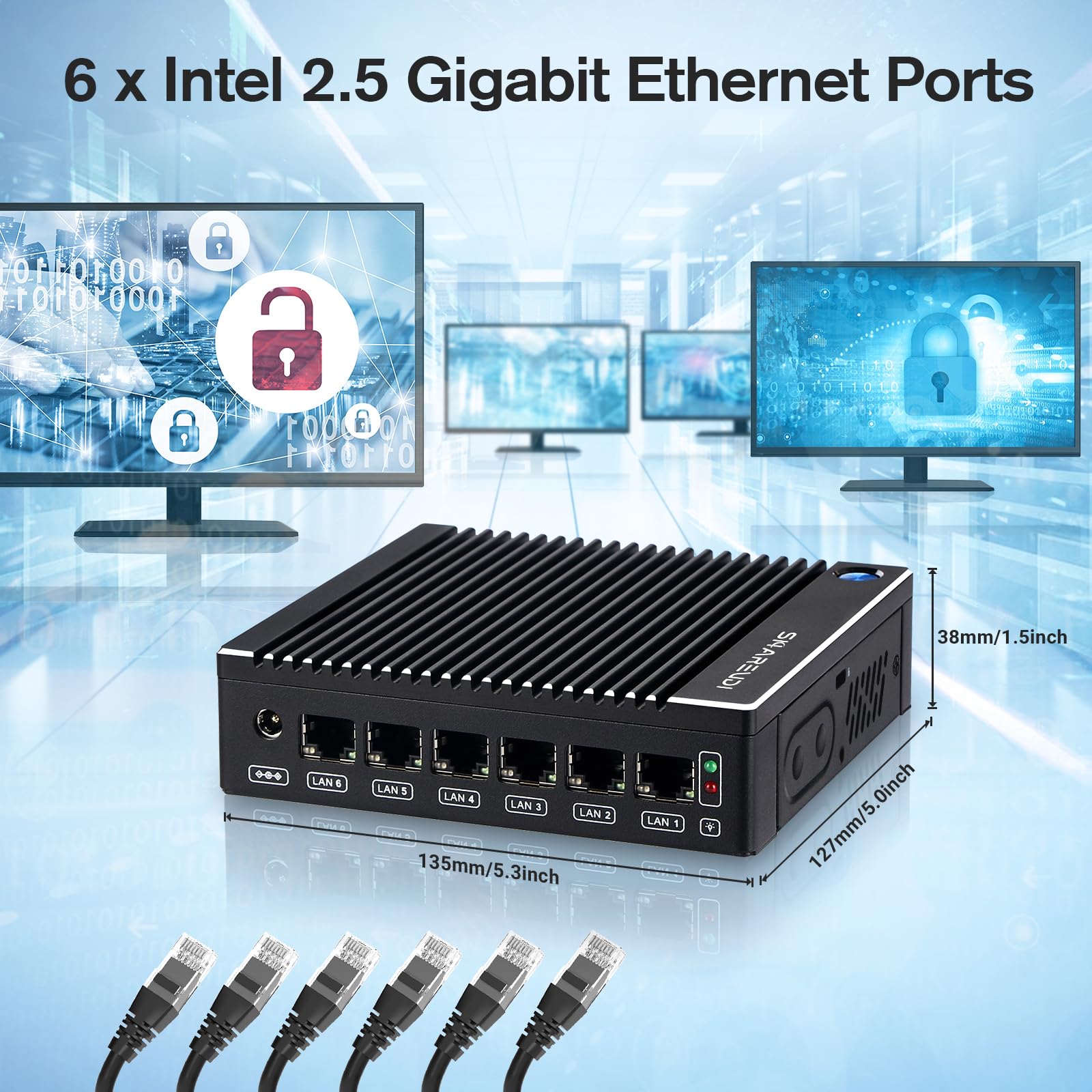 Sharevdi Fanless Firewall Appliance 6X Intel i226 LAN Firewall Mini PC Intel N3710 4C/4T,DDR3 mSATA SSD, Network Gateway Soft Router, Test with P-F-Sense/OPN-Sense AES NI HD/Type-C/SIM Card/TF/Wi-Fi: N3710/DDR3/mSATA SSD/6 LAN/Type-C