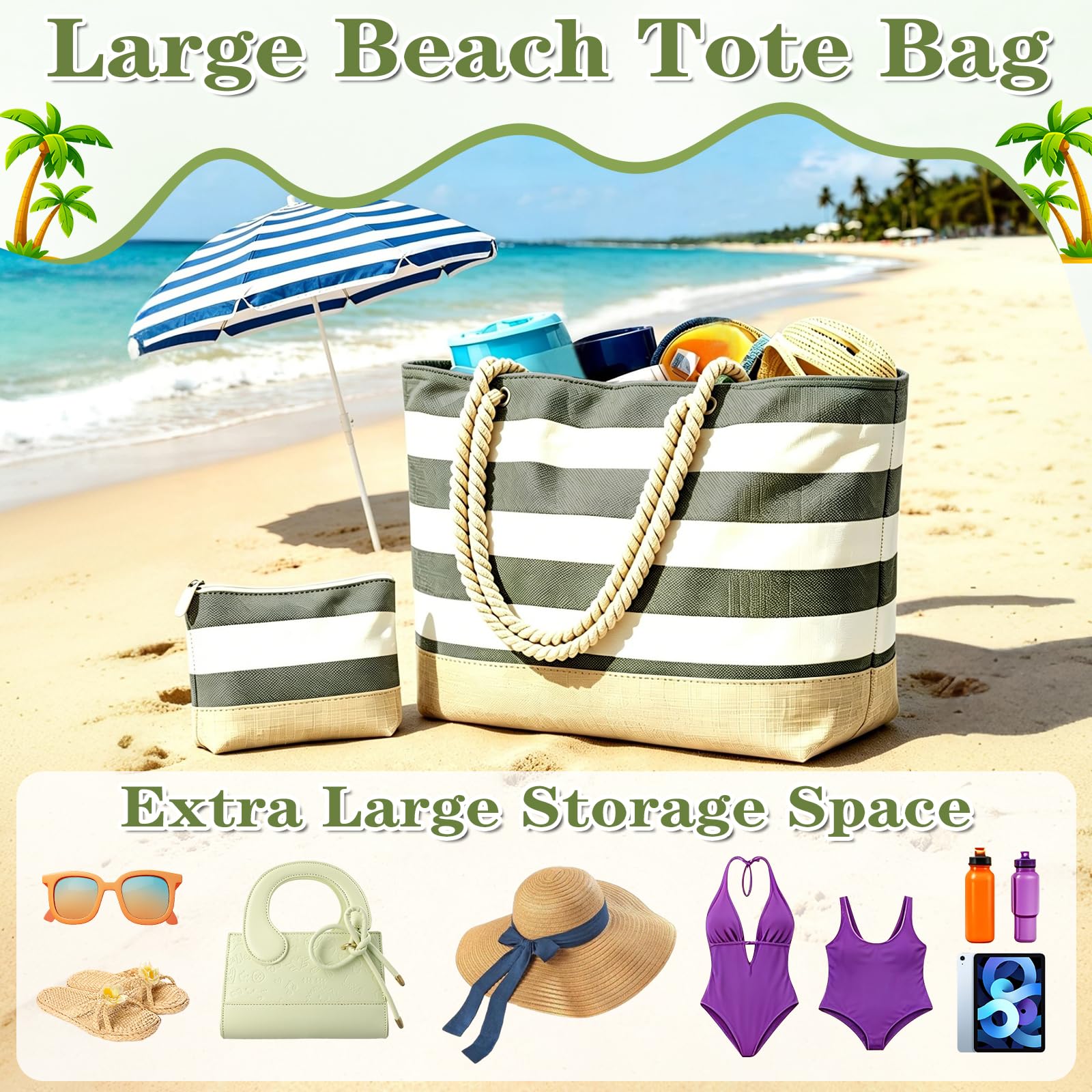 GEEKEO Sac de plage - Grand sac de plage pour femme - Imperméable et résistant au sable - Avec fermeture éclair - Sac de plage - Sac de plage - Sac de courses pour femme - Voyage de plage