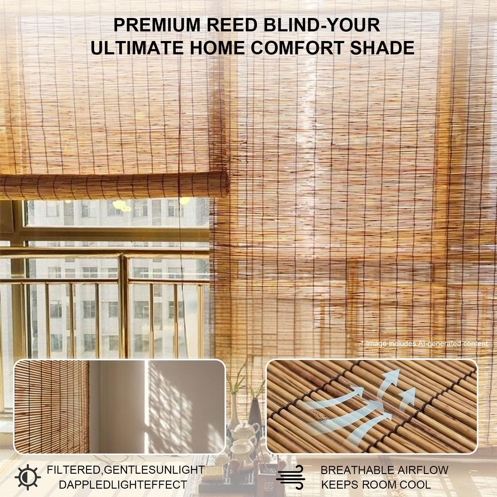 Rideau De Roseau Carbonisation Tissés À La Main, Store Enrouleur Bambou De Balcon, Stores en Bambou Rideau De Paille, pour Extérieur Patio(W39xH79IN(100x200CM))