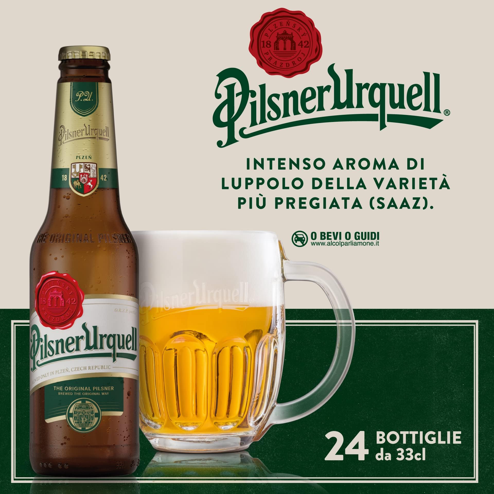 Pilsner Urquell Birra Pils, Cassa Birra Con 24 Birre In Bottiglia Da 33 Cl, 7.92 L, Gusto Pieno Intensamente Luppolato, Gradazione Alcolica 4.4% Vol