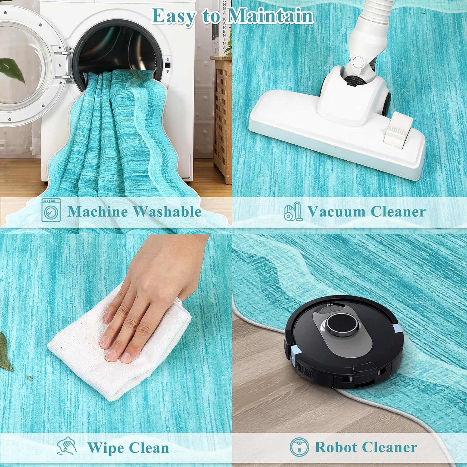 Solid Color Area Rugs 10x13 Washable Rug for Bedroom Non Slip Stain Resistant Modern Scalloped Floor Cover Non Shedding Low Pile Soft Carpet Foldable Thin Mats for Living Room, Nursery, Teal