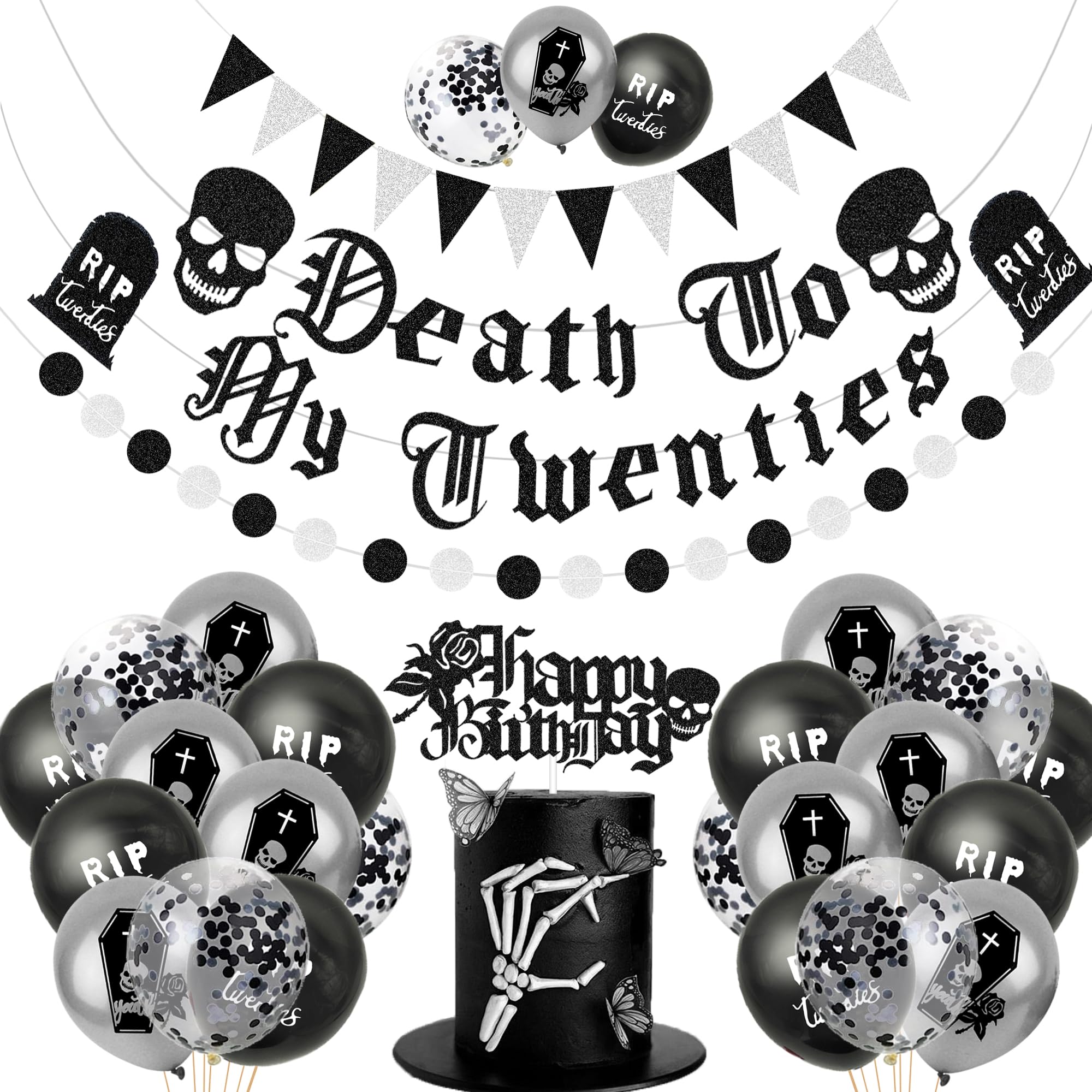 BANBALLONDeath to My 20s Party Balloons 30th Birthday Party Decorations Banner Birthday Cake Topper for 30th Birthday Party My Youth Rip to My 20s Party Supplies (01)