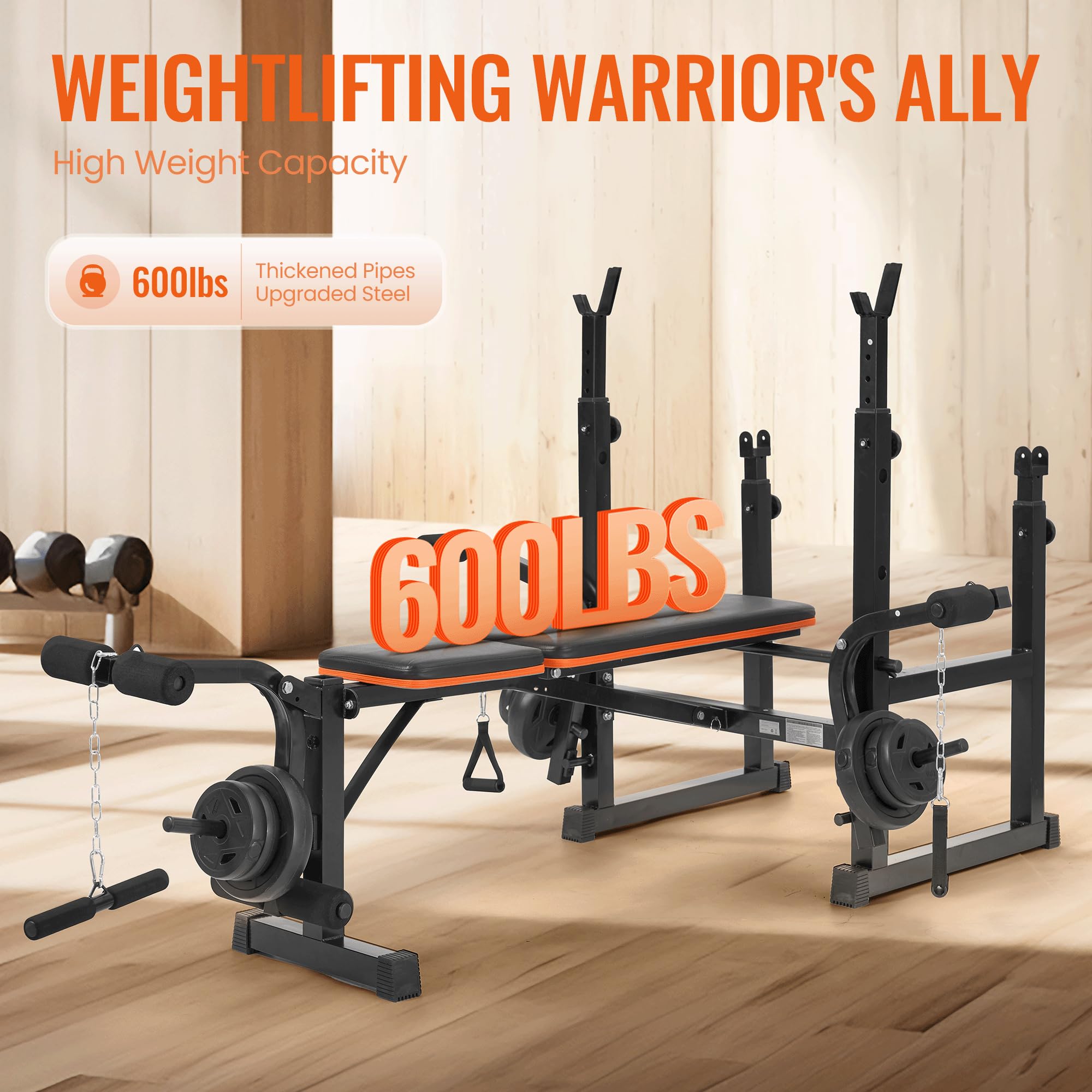Weight Bench with Squat Rack, Adjustable Workout Bench with Preacher Curl Pad, Leg Extension & Curl, Safety Bar Catches, 600 lbs Capacity All-in-One Strength Training Bench for Home Gym