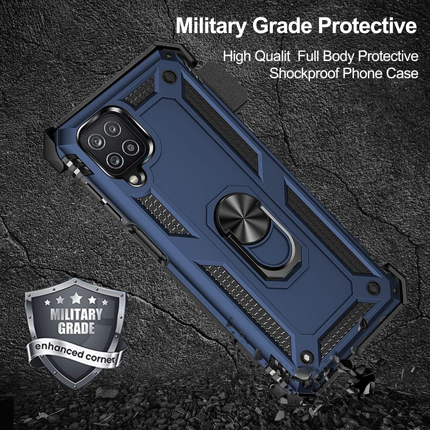 for Galaxy A12 Case, Samsung A12 Case with Belt Clip Holster Ring Holder, Military Grade Protection Cover[Fit for Magnetic Car Mount] Shockproof Case for A12 (Blue)