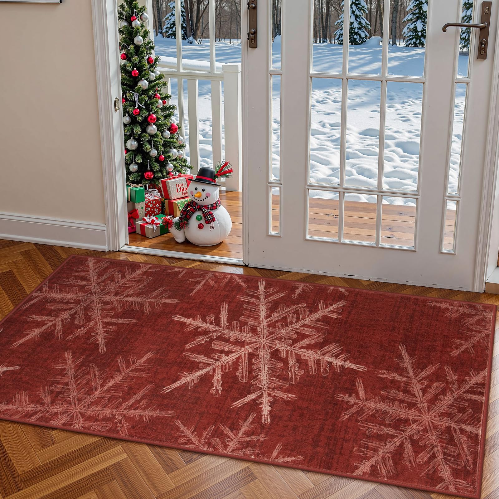 Lahome Snowflake Christmas Area Rug, 2x4 Washable Christmas Kitchen Rugs for Entryway Soft Doormat Indoor, Small Red Rug Non-Slip Holiday Decor Entryw