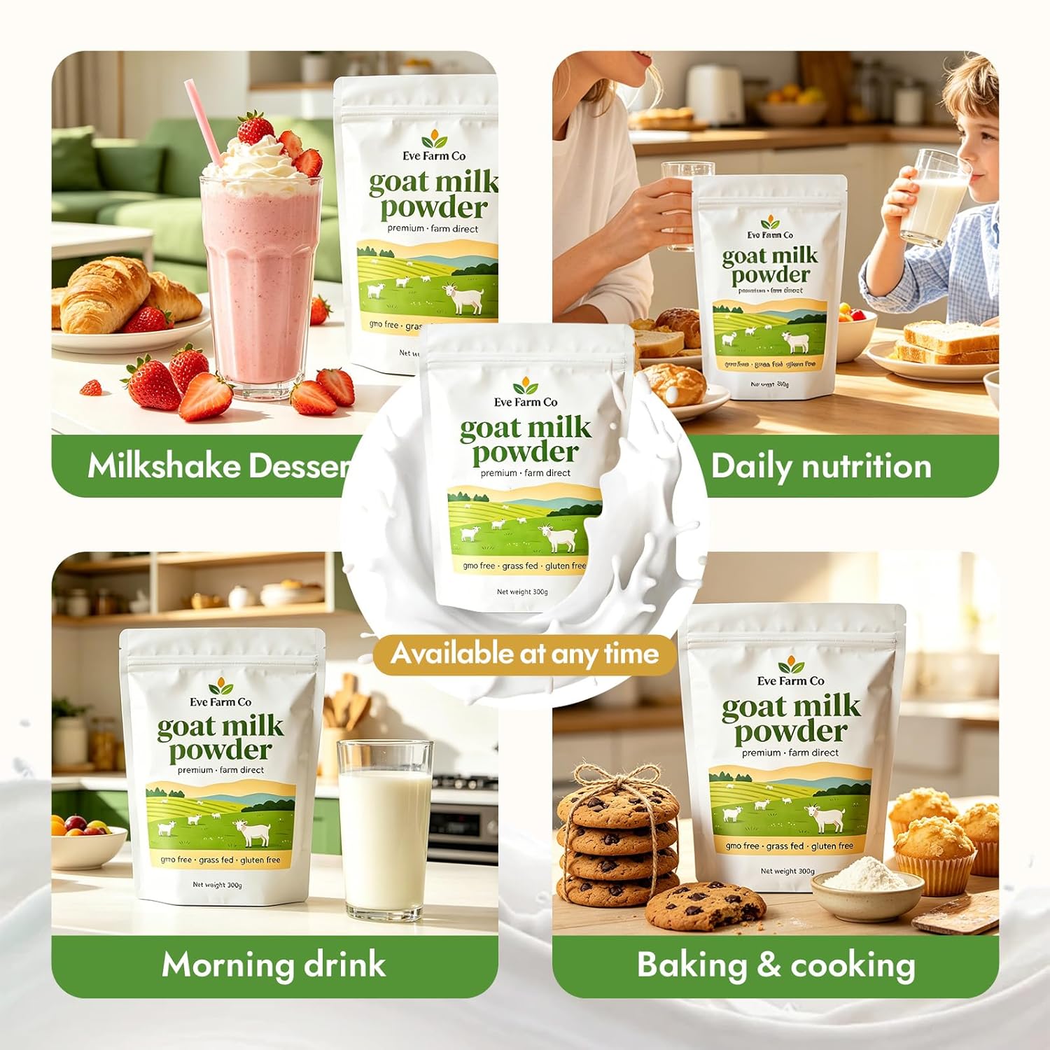 Eve Farm Co Goat Milk Powder - Premium Farm Source, Easy to Digest, Gluten Free, High in Protein, Calcium & Probiotics, Non-GMO, Gluten-Free
