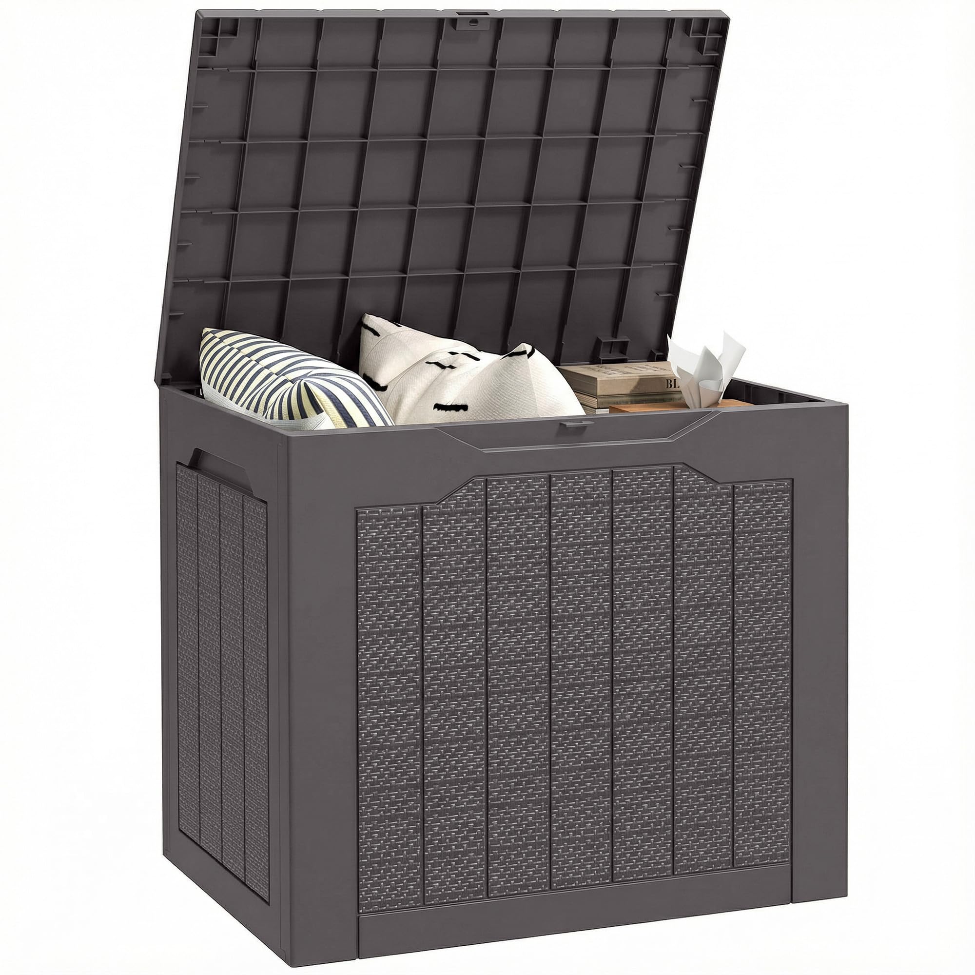 Outsunny 97L Plastic Garden Storage Box, Outdoor Storage Box with Handles, Waterproof Outdoor Storage Container for Garden Tools and Accessories, Brown