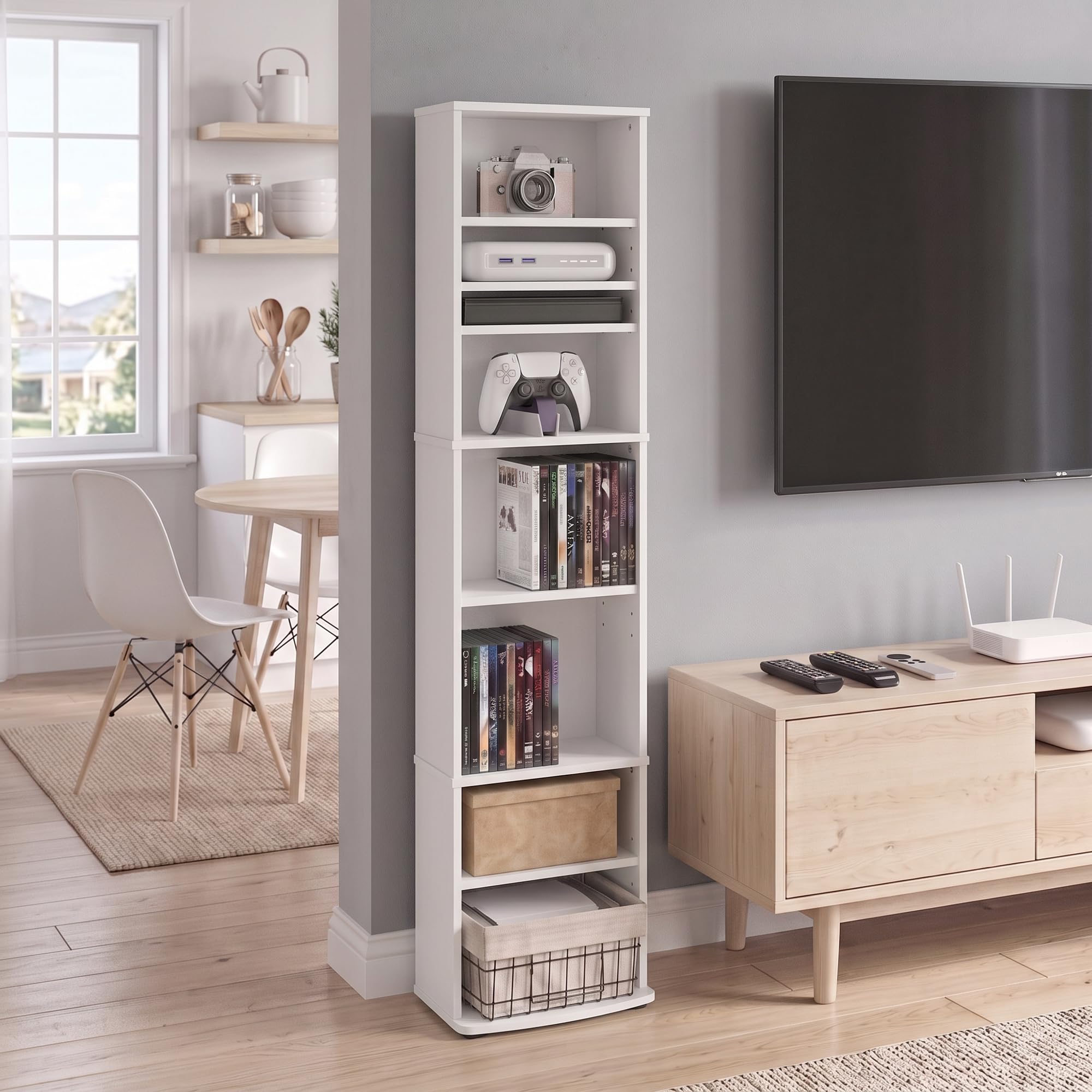 Furinno Jaya DVD-Regal, 8-stöckiges, hohes, schmales CD-Regal, Medienregal mit verstellbaren Einlegeböden, DVD-Aufbewahrungsschrank für Blu-Rays, Spiele-Discs, für Wohnzimmer, Heimbüro, Weiß