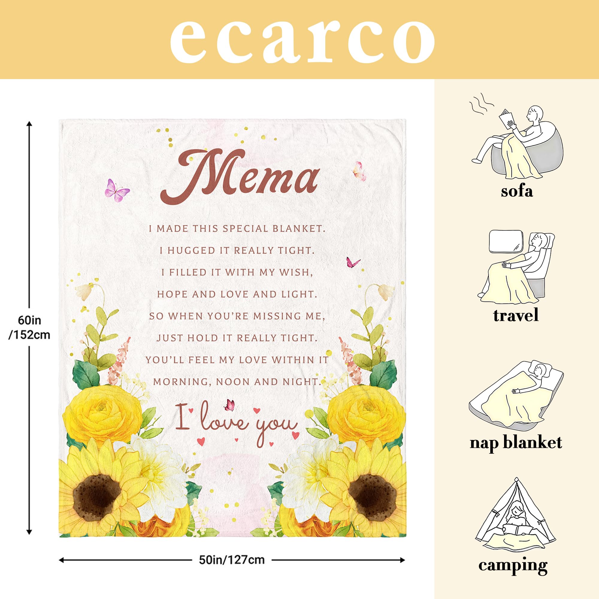 Mothers Day Mema Gifts - Gifts for Mema Mother's Day - Mema Gifts from Grandchildren - Birthday Gift for Mema Sunflower Flannel Throw Blanket 60" x 50"