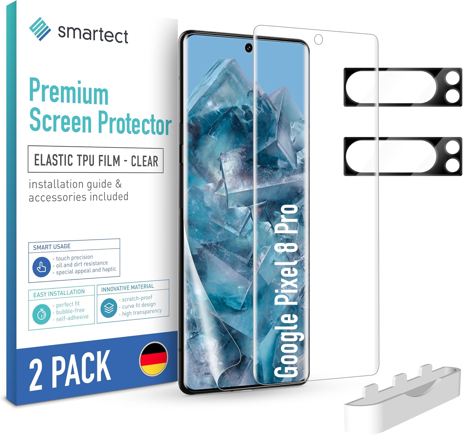 smartect TPU Screen Protector 2 + 2 Pieces for Google Pixel 8 Pro Screen Protector + Camera Protection HD Tempered Glass Film Anti-Scratch Ultra Clear Bubble-Free Fingerprint Compatible Case Friendly