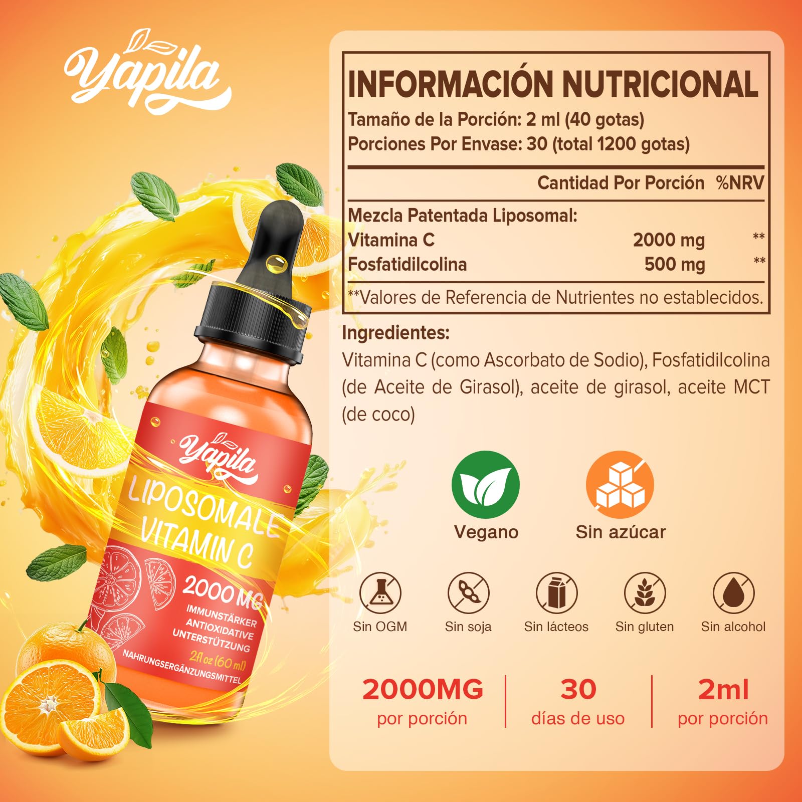 Vitamina C Liposomal 2000 mg, Suplemento Líquido con Ascorbato (6 Botellas) | Absorción Mejorada, Fórmula Vegana de Alta Potencia, Sin Gluten y Sin Soja