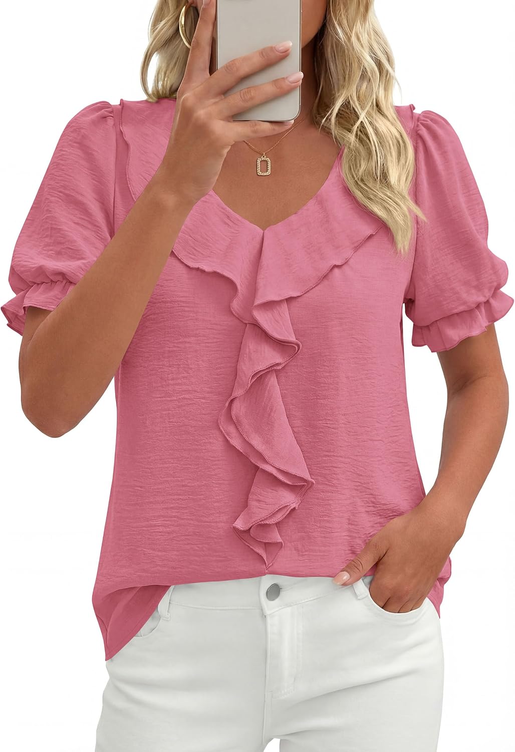 PRETTYGARDEN Women's Summer Dressy Casual Blouses 2026 Short Sleeve V Neck Ruffle Business Work Tops Trendy Spring Outfits