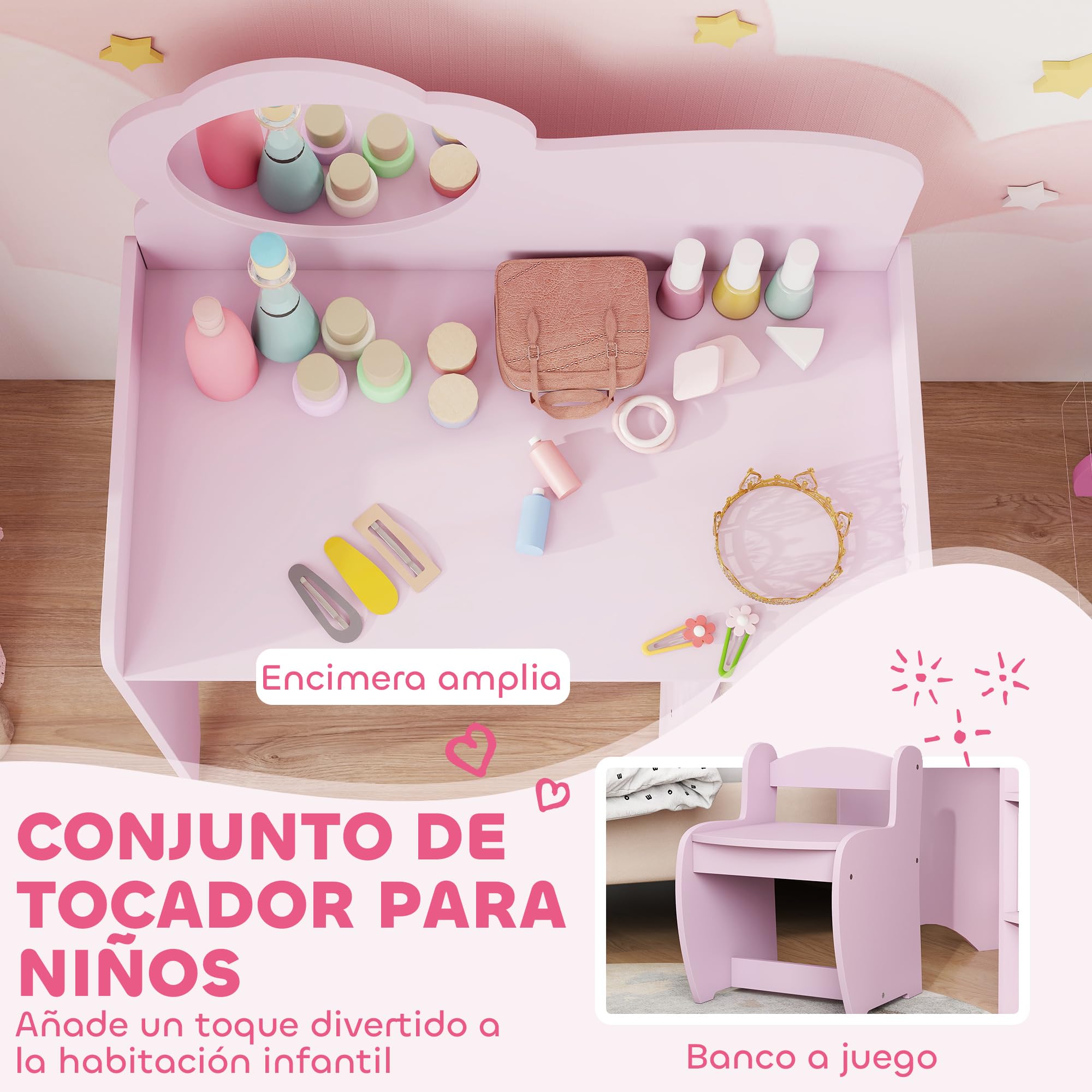 AIYAPLAY Tocador de Maquillaje Niña, 2 en 1, Escritorio, Tocador Infantil con Taburete, Espejo en Forma de Flor, Estantes Abiertos, para Niños +3 Años, Morado