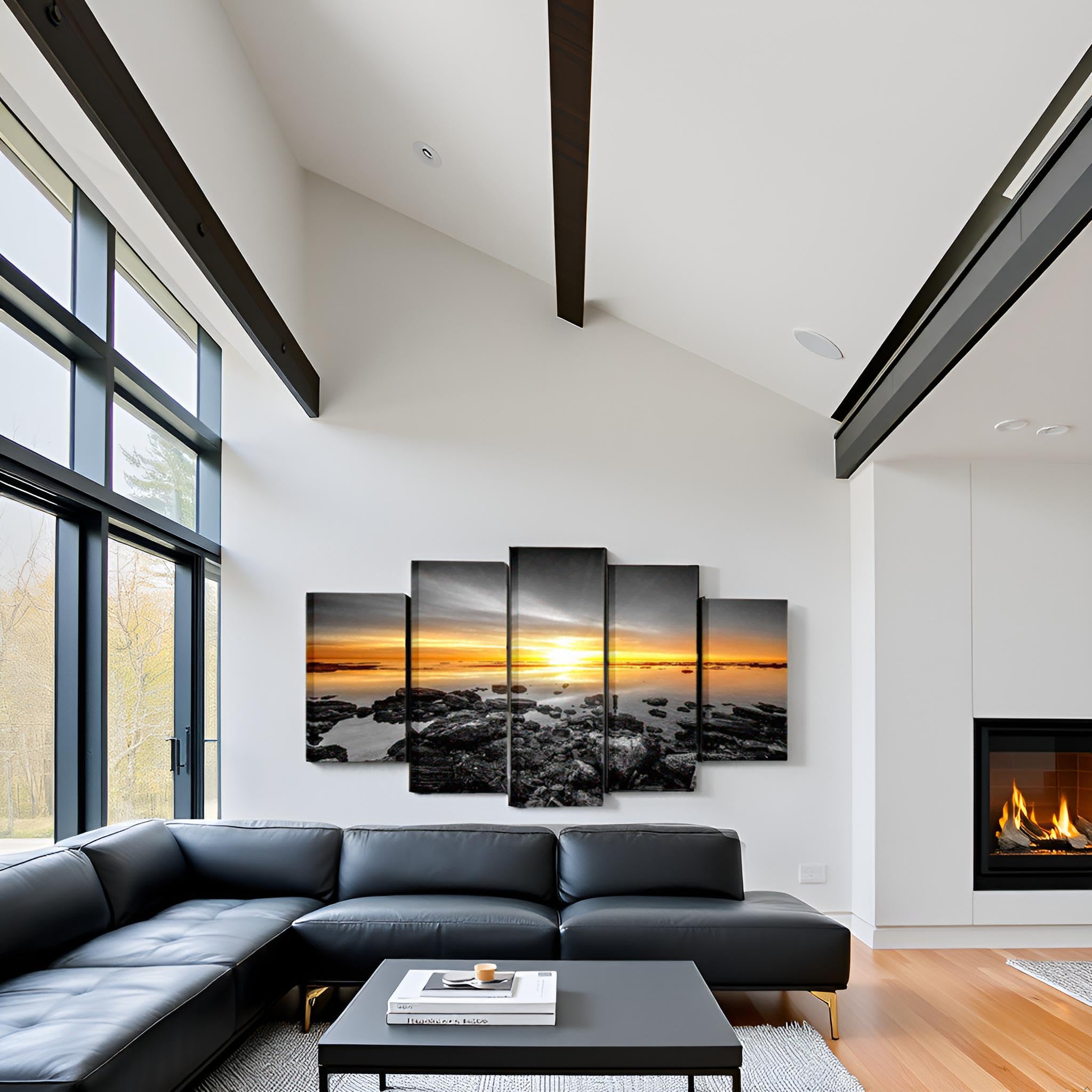 LevvArts 5-teiliges Leinwand-Wandbild „Ozean Sonnenaufgang“ – Schwarz-weiß-gold, Verschiedene Größen, Fertig Zum Aufhängen, Für Wohnzimmer & Büro