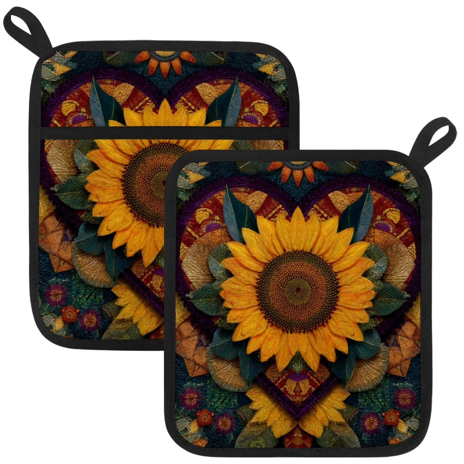 VAPOKF Florals Sunflower Heat Resistant Pot Holders, Thick Pot Holders Pad with Hanging Loop for Kitchen, Oven Cloth Pads for Kitchen Baking Microwave Oven