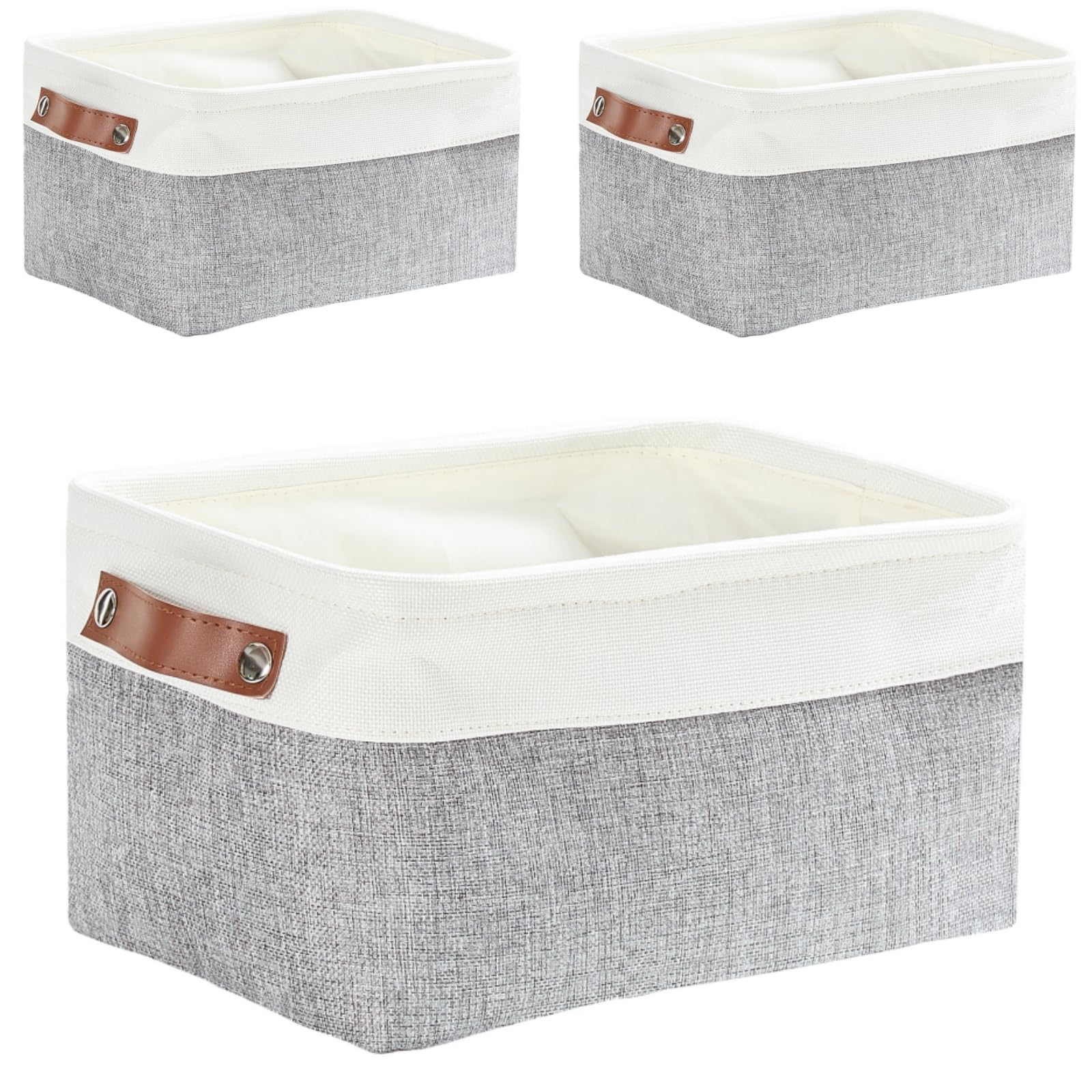 Mangata Canastas pequeñas de almacenamiento de tela para estantes, paquete de 3 unidades, 31 x 21 x 15 cm, cestas de tela para organizar, organizadores de armario de lino, cesta de tela, gris/blanco