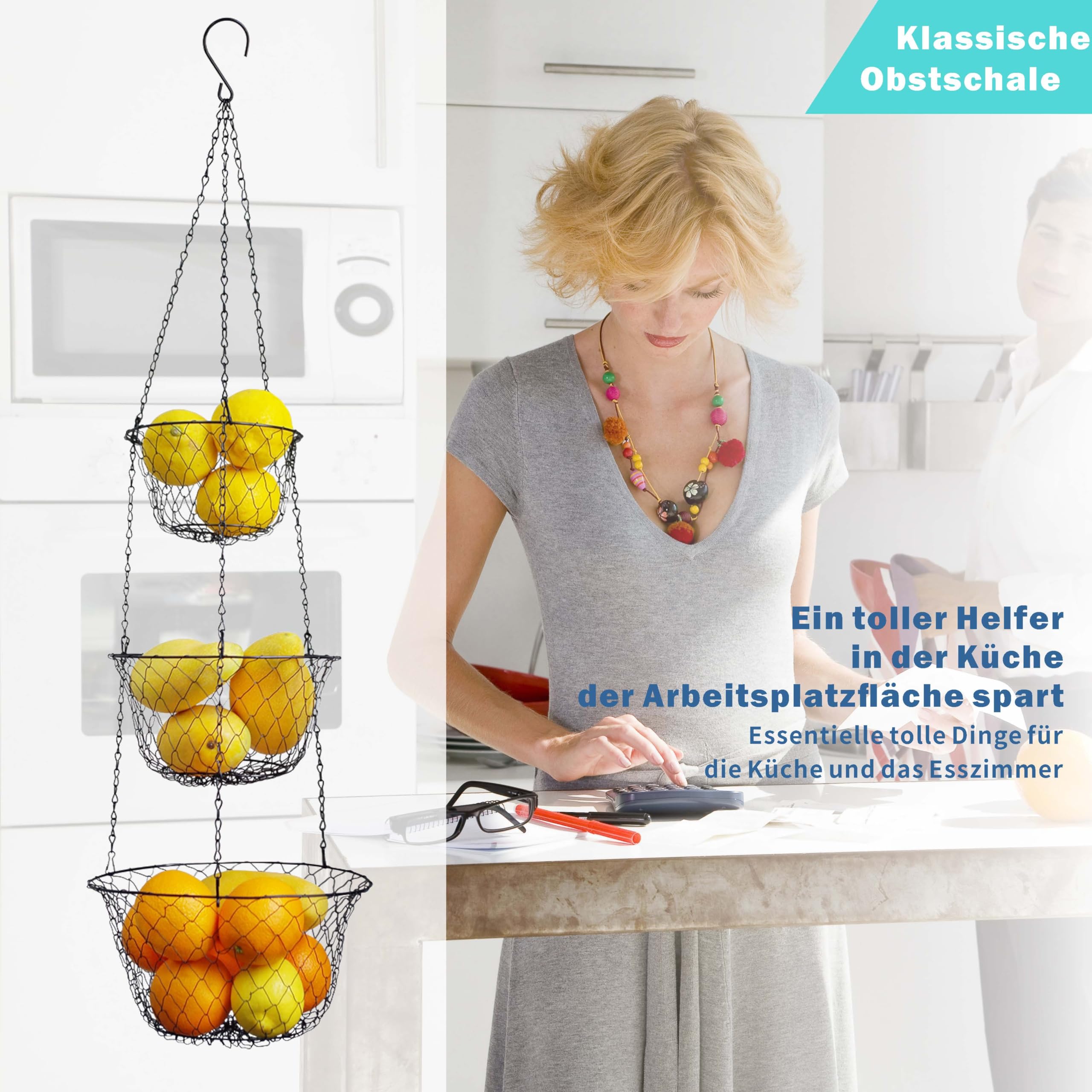 Home Bay Fruit Hub, Hängender Obstkorb für die Küche, 3-stöckige Etagere aus Draht, Obst- und Gemüseaufbewahrung, Wandmontage, Schwarz, Rund, Hängekorb für Schrank oder Decke
