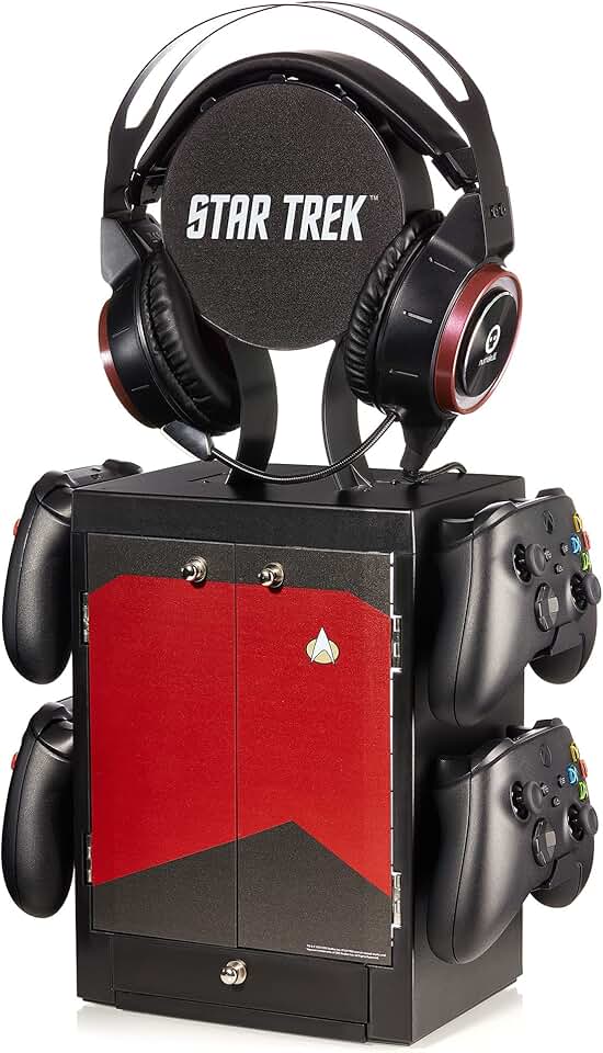 Numskull Official Red Star Trek Gaming Accessory Locker &amp; Storage Stand – Holds 10 Games/DVDs, 4 Controllers, Headset, and Accessories – Durable &amp; Compact Organizer – Official Star Trek Merchandise