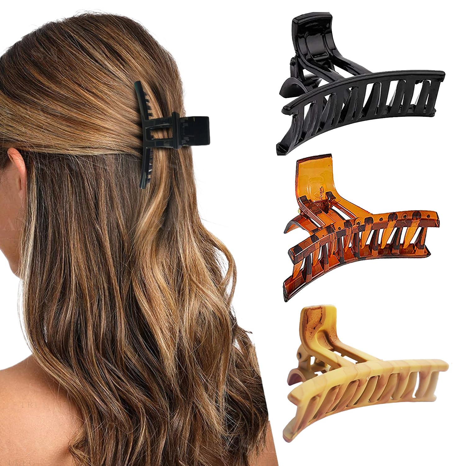 BIRDWARE big size hair clips clutchers for women daily use Imported Acrylic Material Stone Butterfly hair Clips For Women (Pack of 3 Pc, Black, Shell & Wooden Colour) | hair clutchers