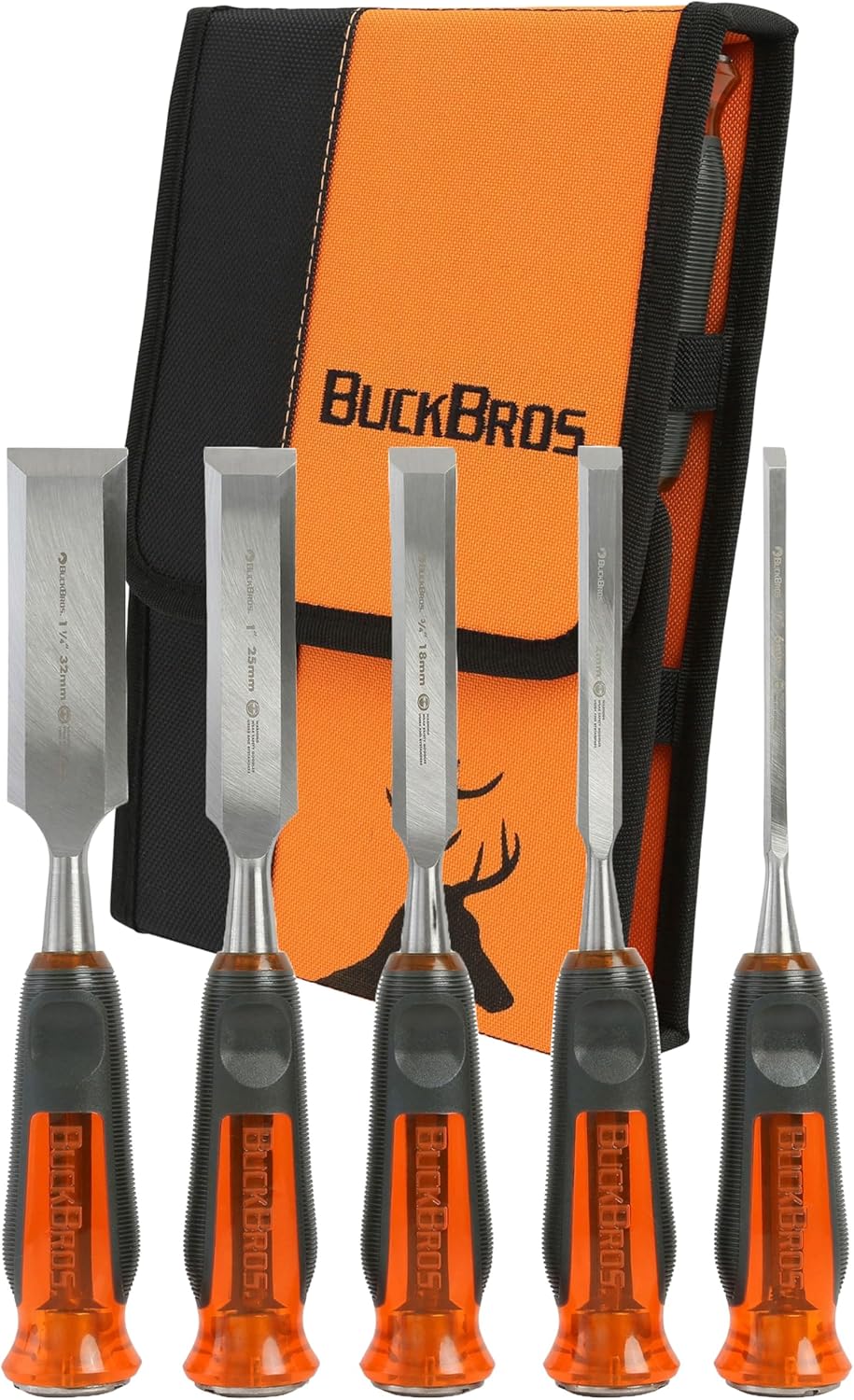 Buck Bros. 74850 5-Pc Wood Chisel Set, Full Tang Wood Chisel Sets, Woodworking Tools for Carpentry, Trim, and DIY Projects, Beveled Edge Chisels, Hardened Steel Blades, Non-Slip Handles, Storage Case