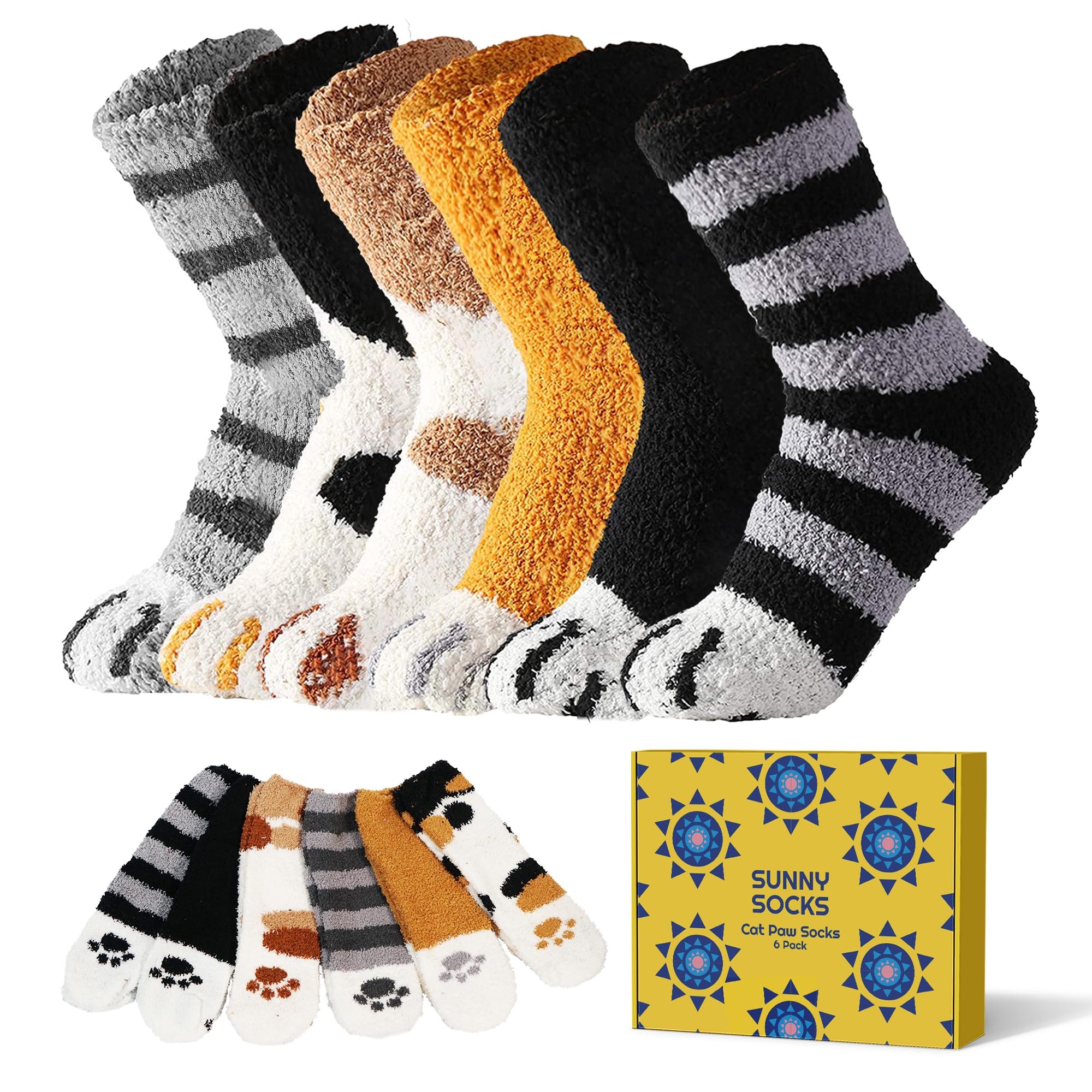6 Pairs Cute Cat Paw Socks for Women – Fluffy Fuzzy Animal Print Bed Socks for All Ages – Warm & Cosy Novelty Gift for Cat Lovers – Soft Winter Fluffy Socks for Girls & Ladies