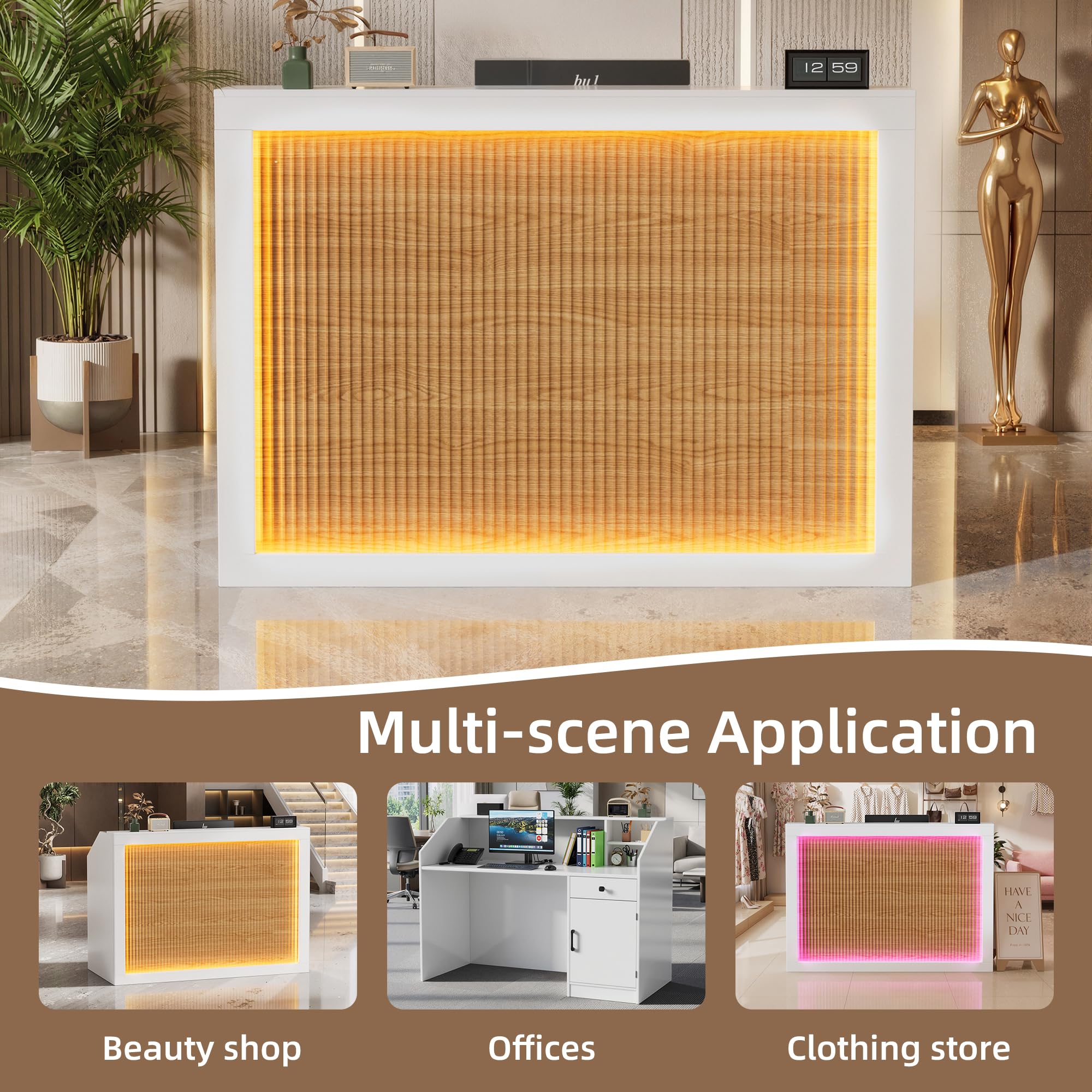 MSFE Bancone Reception con LED,Banco Reception con Cassetto,Armadio,Ripiani Aperti e Prese,Bancone Ufficio per Reception per Parrucchiere, Centro Estetico, Negozio, Hotel e Ufficio,140 * 60 * 110CM
