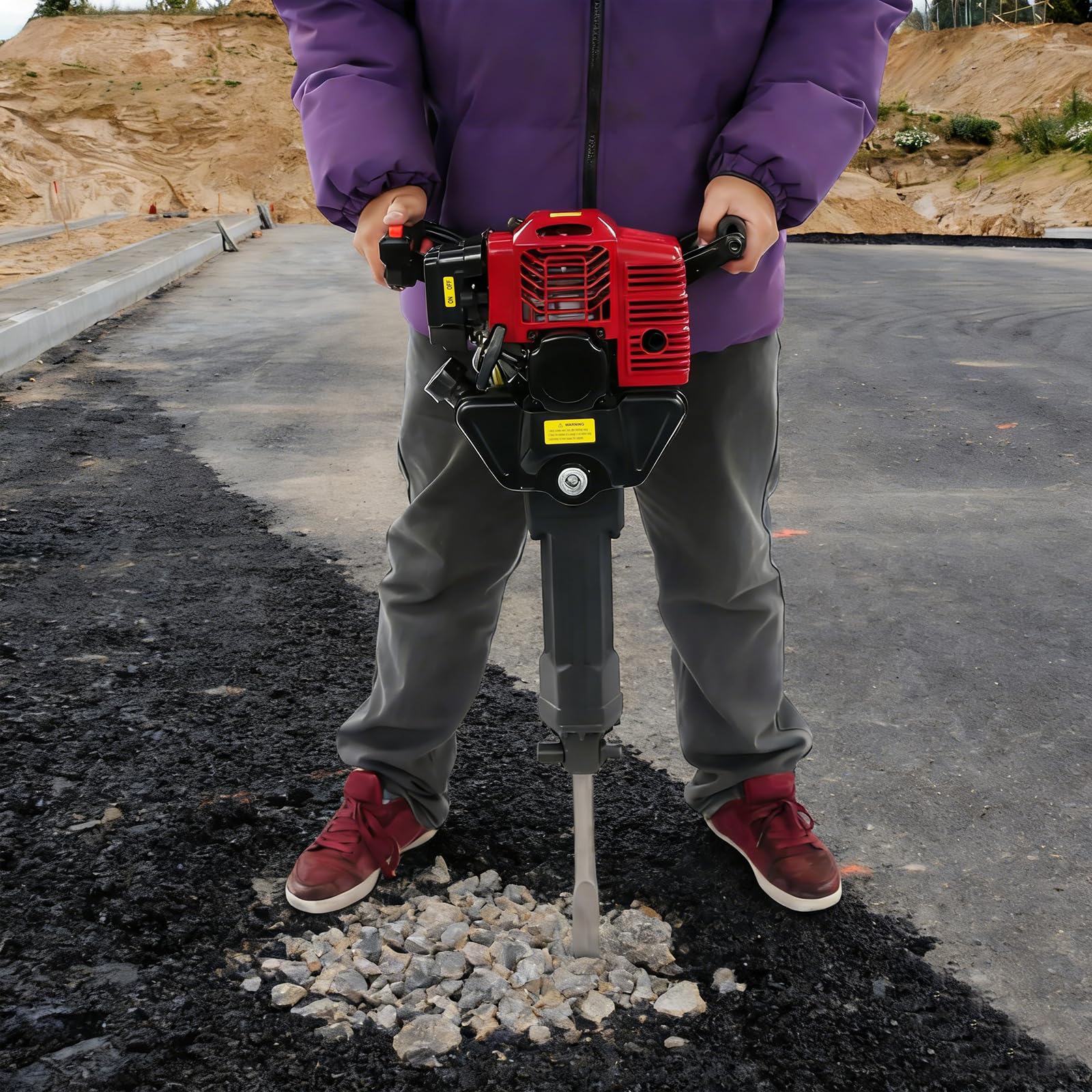 Martillo de demolición de gasolina de 52 CC, 2 tiempos, martillo de golpe multifuncional con dos puntas de cincel, tumbas de árboles de jardín de gasolina para construcción, jardín y trabajos