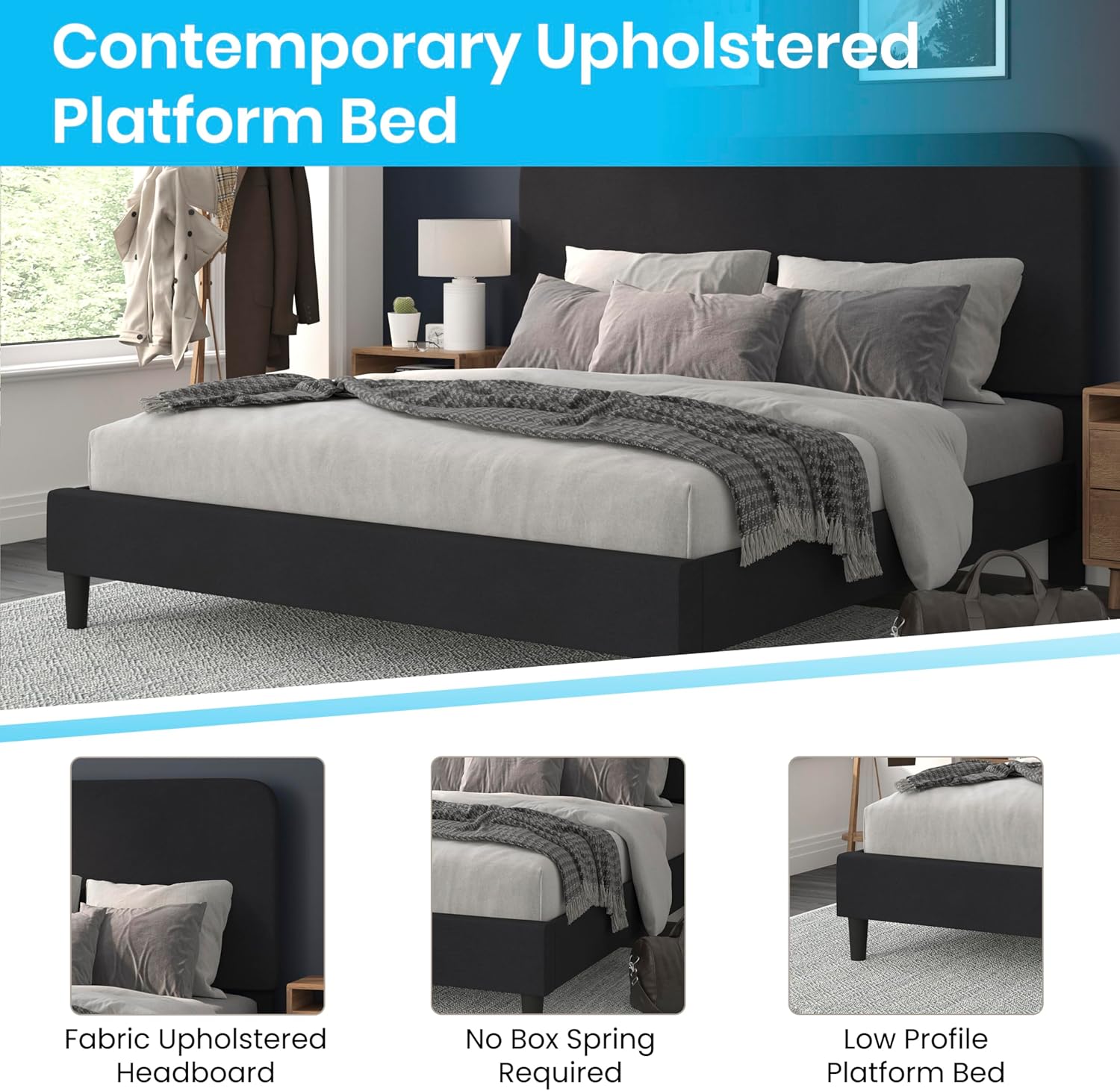 Flash Furniture Addison King Size Platform Bed with Fabric Upholstered Headboard, Timeless Low-Profile King Bed Frame with Headboard, Charcoal