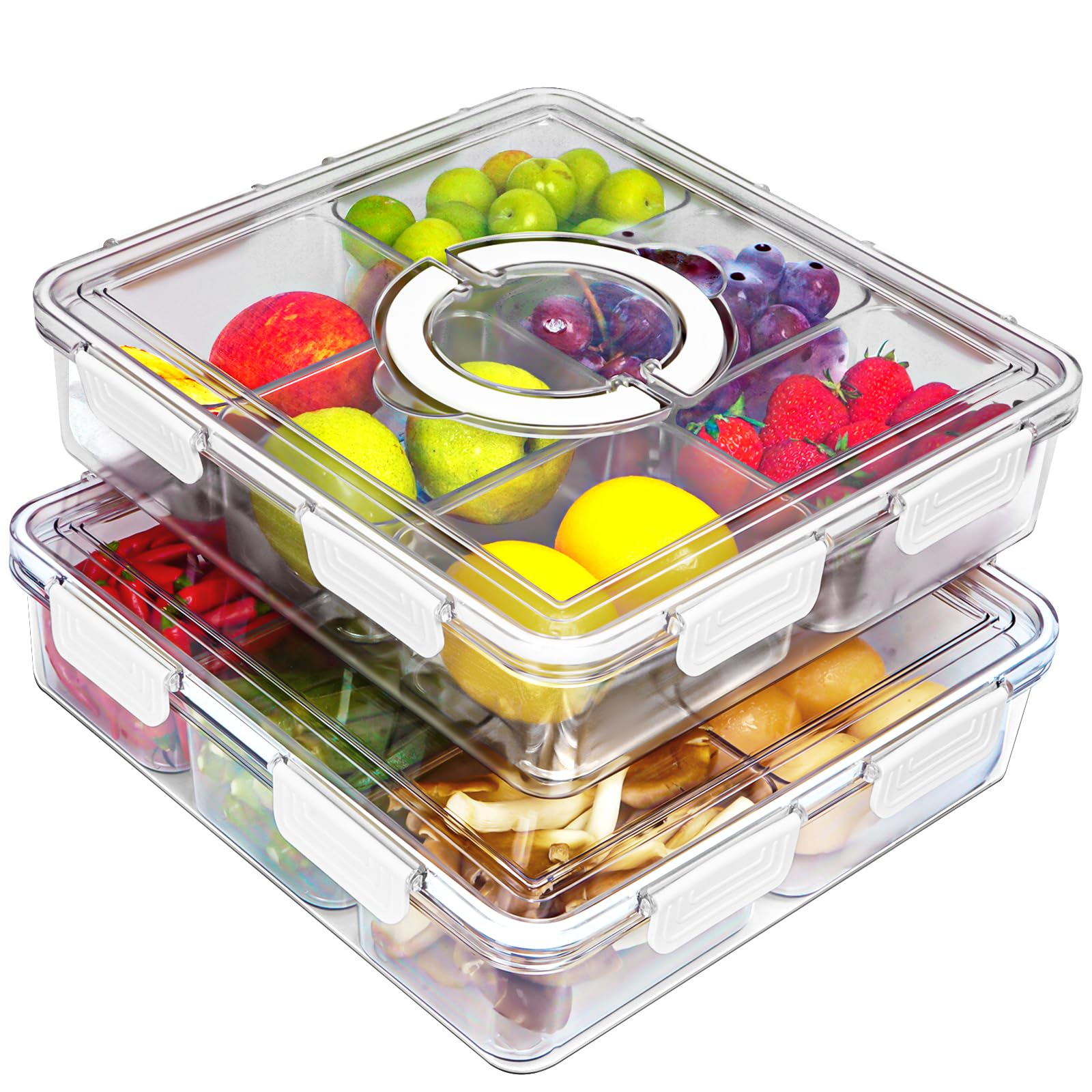 Stacknovo Portable Picnic Parties Fruit Tray, 4 Compartment Fridge Food Veggie Condiment Divided Serving Preservation Storage Containers (2PC)