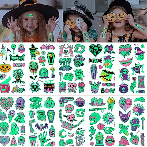 10 hojas de calcomanías de tatuaje de Halloween que brillan en la oscuridad, impermeables, temporales, tatuajes, boca, murciélago, Halloween,