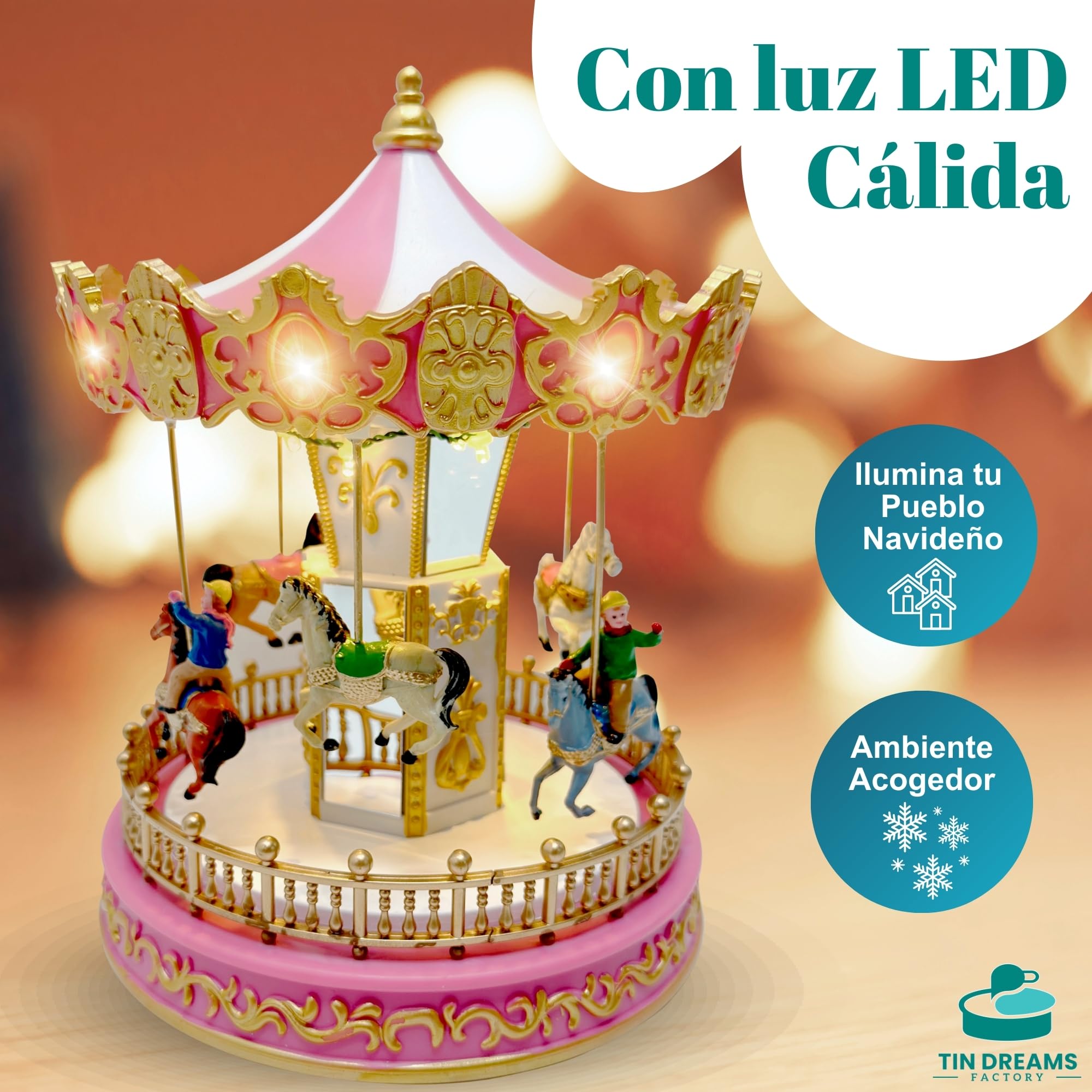 Tin Dreams | Carrusel Navidad Pequeño con Movimiento, Música y Luces LED | Tiovivo Musical | Pueblo Navideño, Villa, Aldea Miniatura, Escena Animada Iluminada | Adorno Decoración Navideña Hogar
