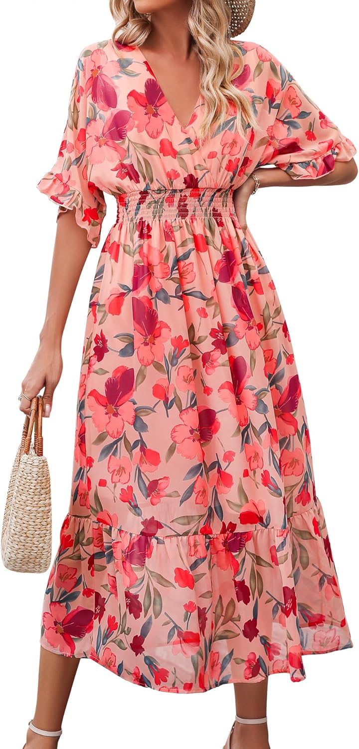 Women's Spring Summer 2025 Floral Midi Dress A Line Chiffon Boho Casual Short Sleeve Long Beach Dresses Medium Pink