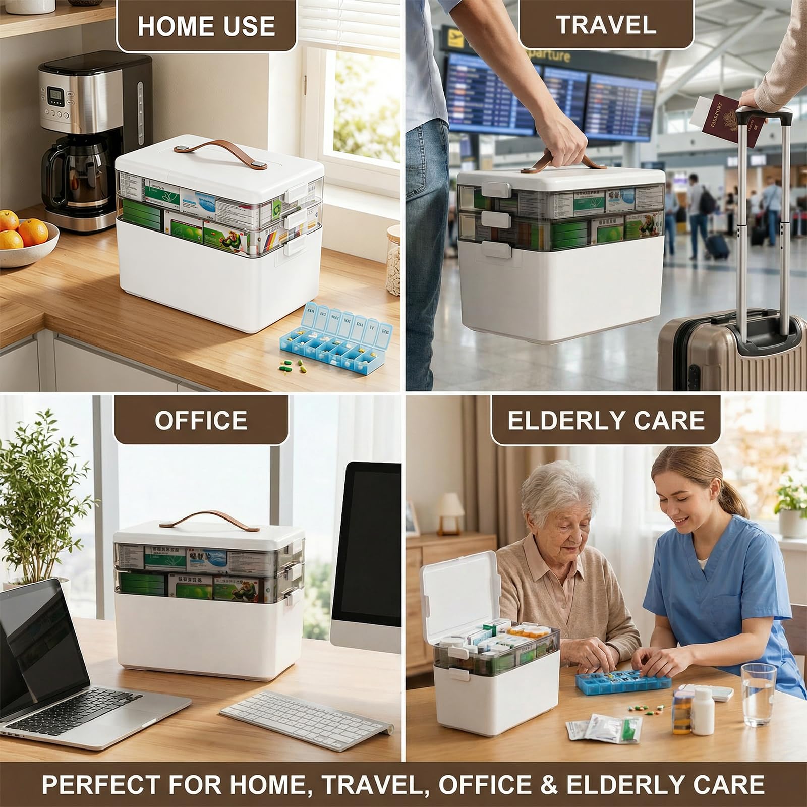 Porta Medicine a 3 Livelli – Organizer Medicinali da Casa, Scatola Medicinali Grande con 28 Scomparti, Contenitore per Medicinali con Maniglia, per Famiglia, Ufficio, Scuola e Viaggio
