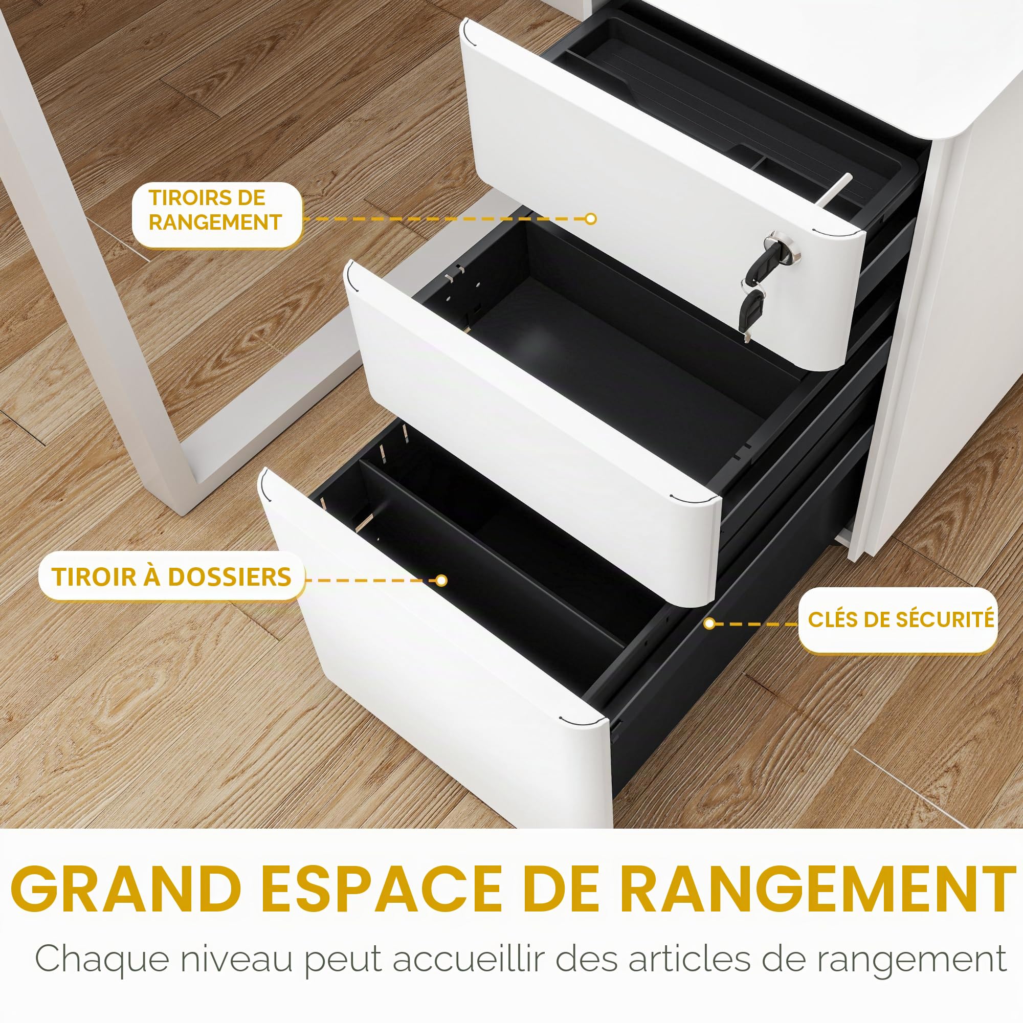 DWVO Armoire de Rangement à 3 tiroirs verrouillables avec clés - Compacte et Portable - en métal - pour Format A4/Lettre/légal - 30 x 45 x 61 cm - Blanc