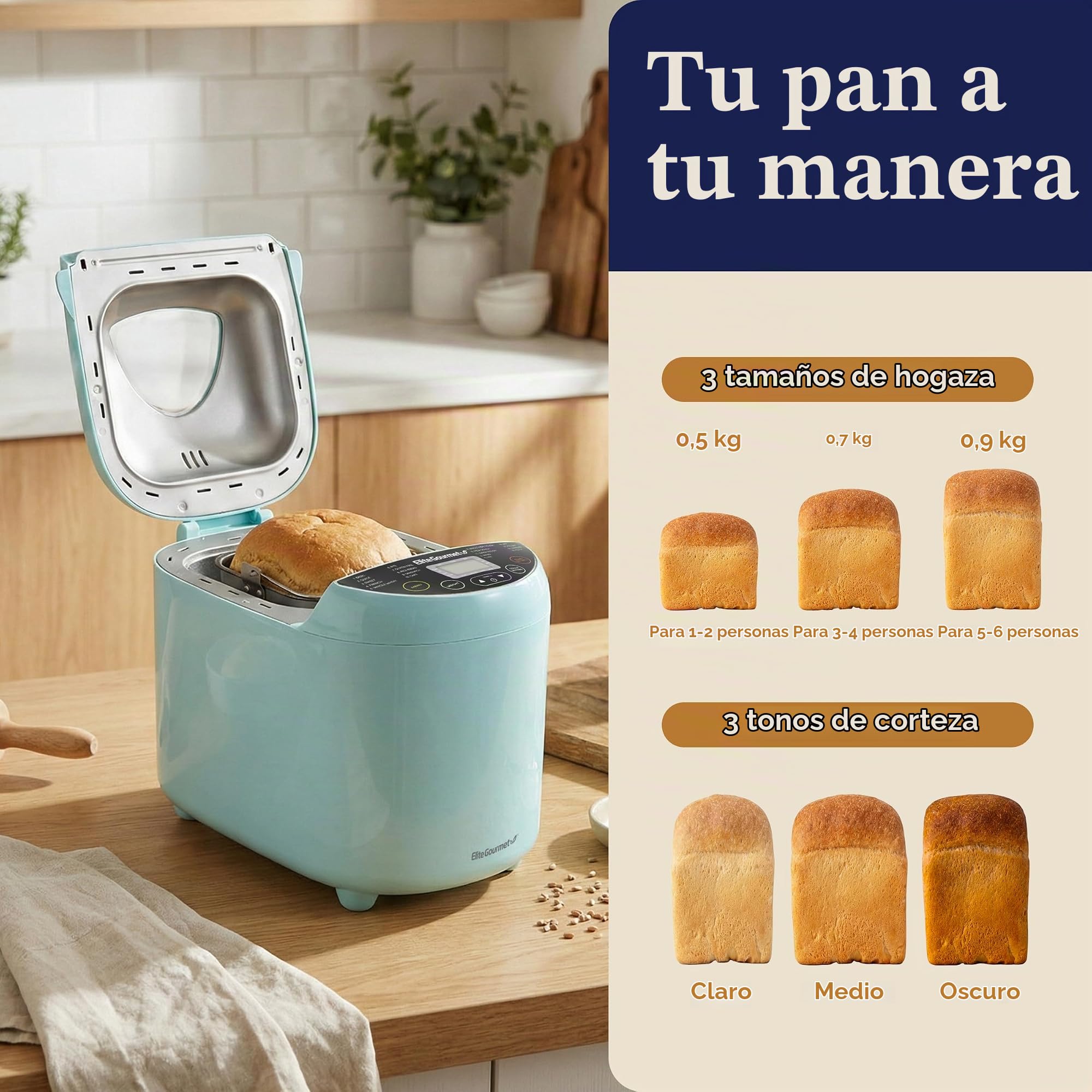 Elite Gourmet EBM8103M - Máquina programable para hacer pan, 3 tamaños de pan, 19 funciones de menú, sin gluten, trigo blanco, centeno francés y más, 2 libras, menta