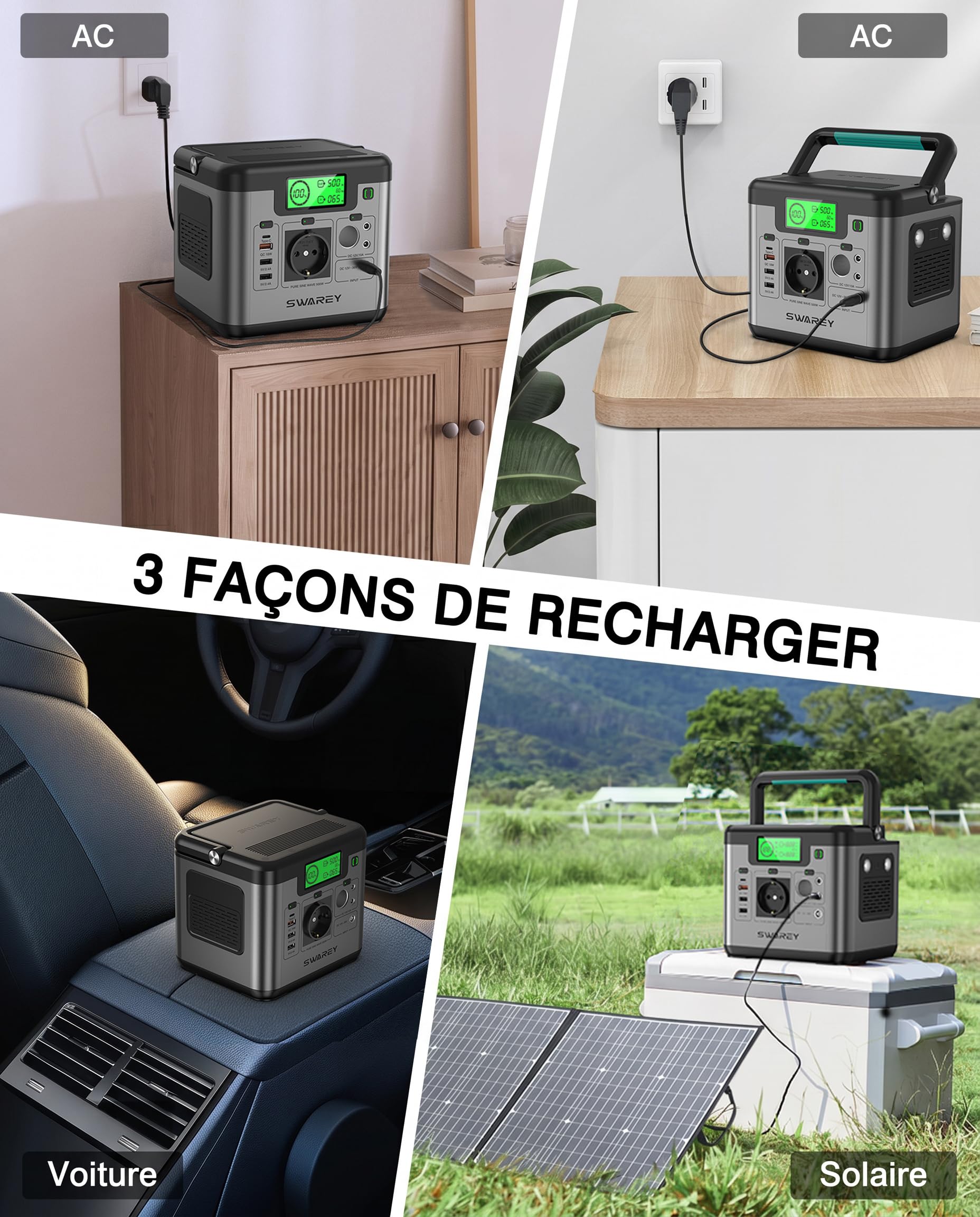Kit Énergie Solaire Portable – Générateur 500W 518Wh + Panneau Solaire Pliable 100W – Recharge Rapide AC/DC/USB/Type-C/QC3.0 – Pour Camping, Voyage, Urgence