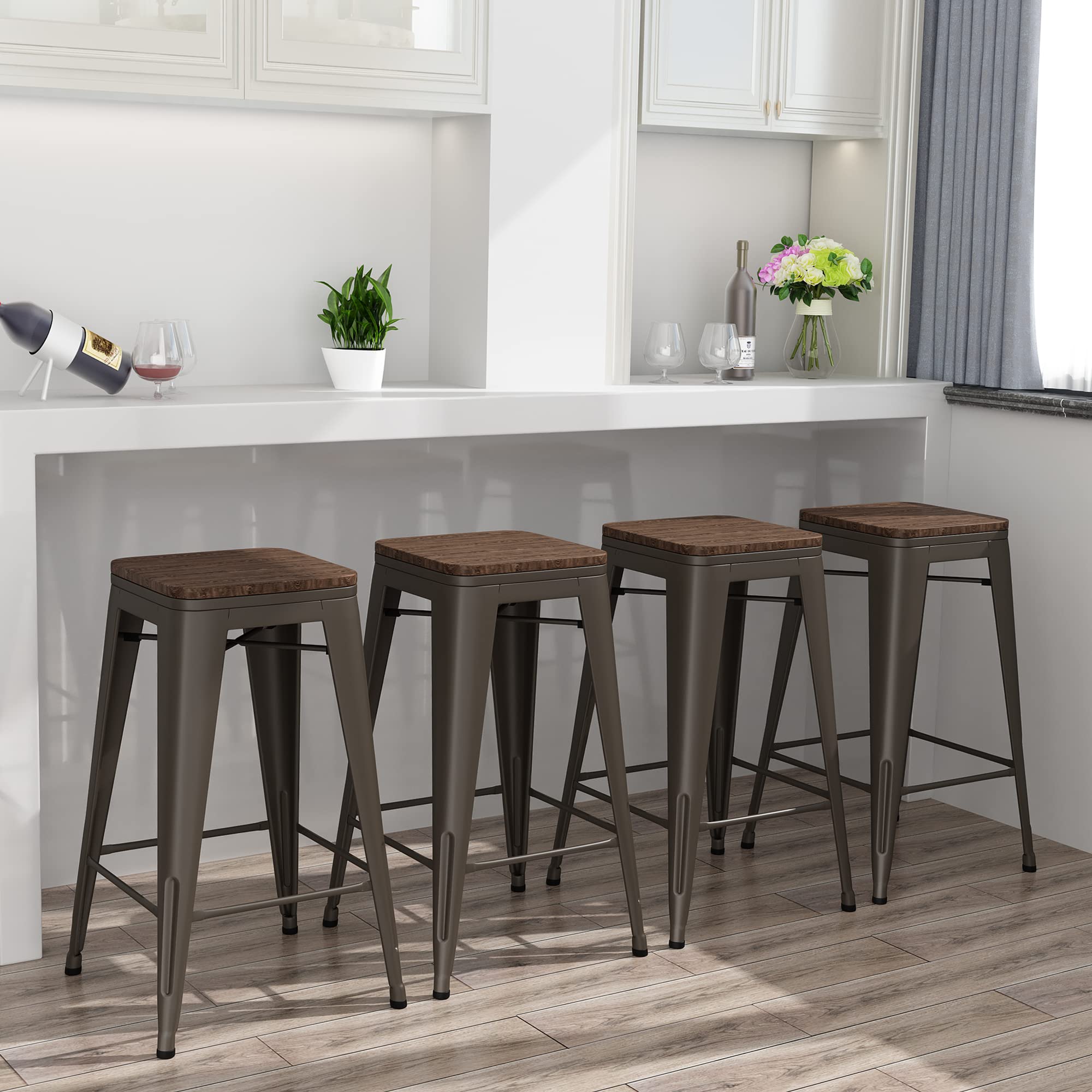 Yongqiang 30" Metal Bar Stools Set of 4 Industrial Stackable Bar Height Stools Tall Backless Kitchen Barstools with Wood Seat Rusty