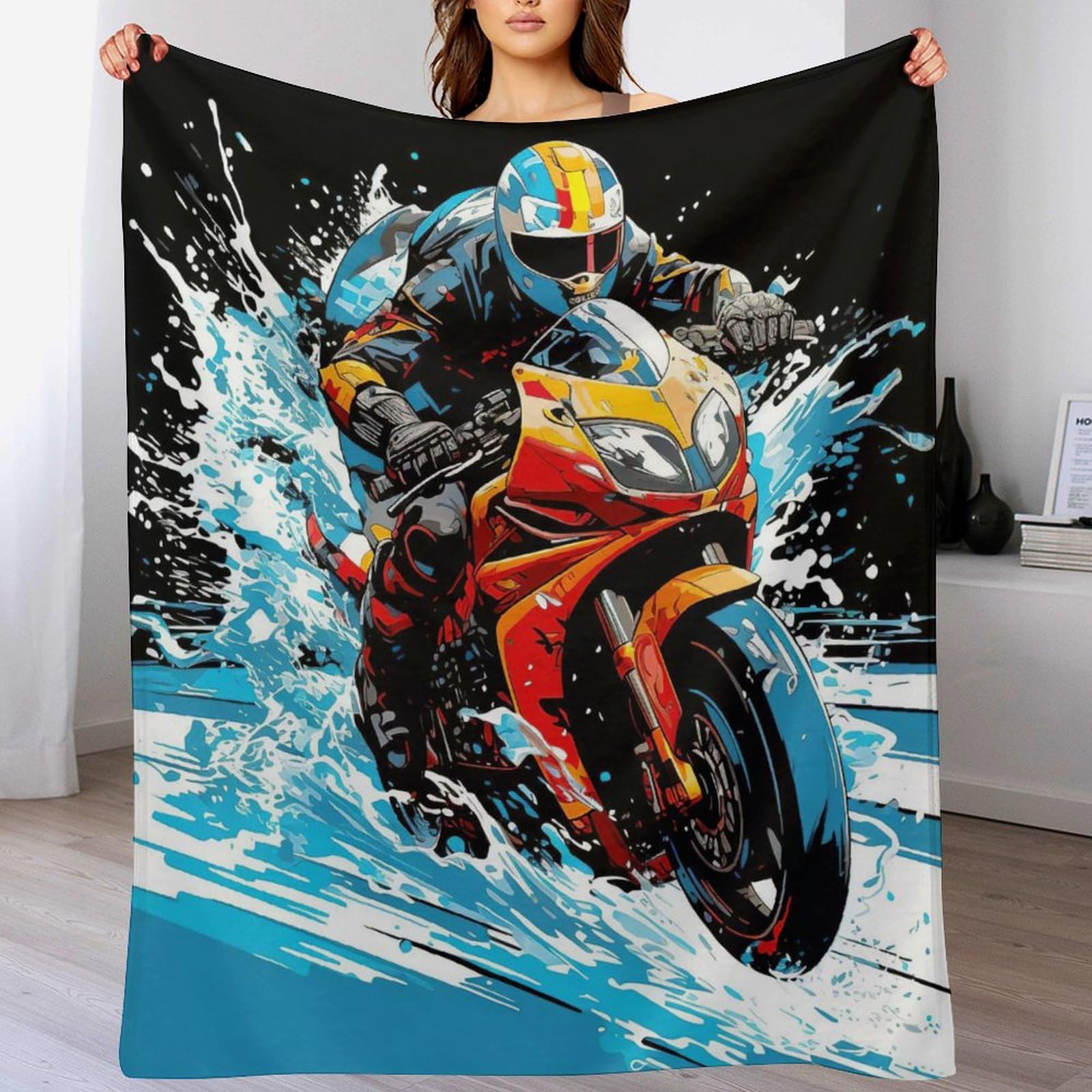 Couverture polaire moto en flannel épaisse 140x180cm, plaid doux pour le lit et le canapé