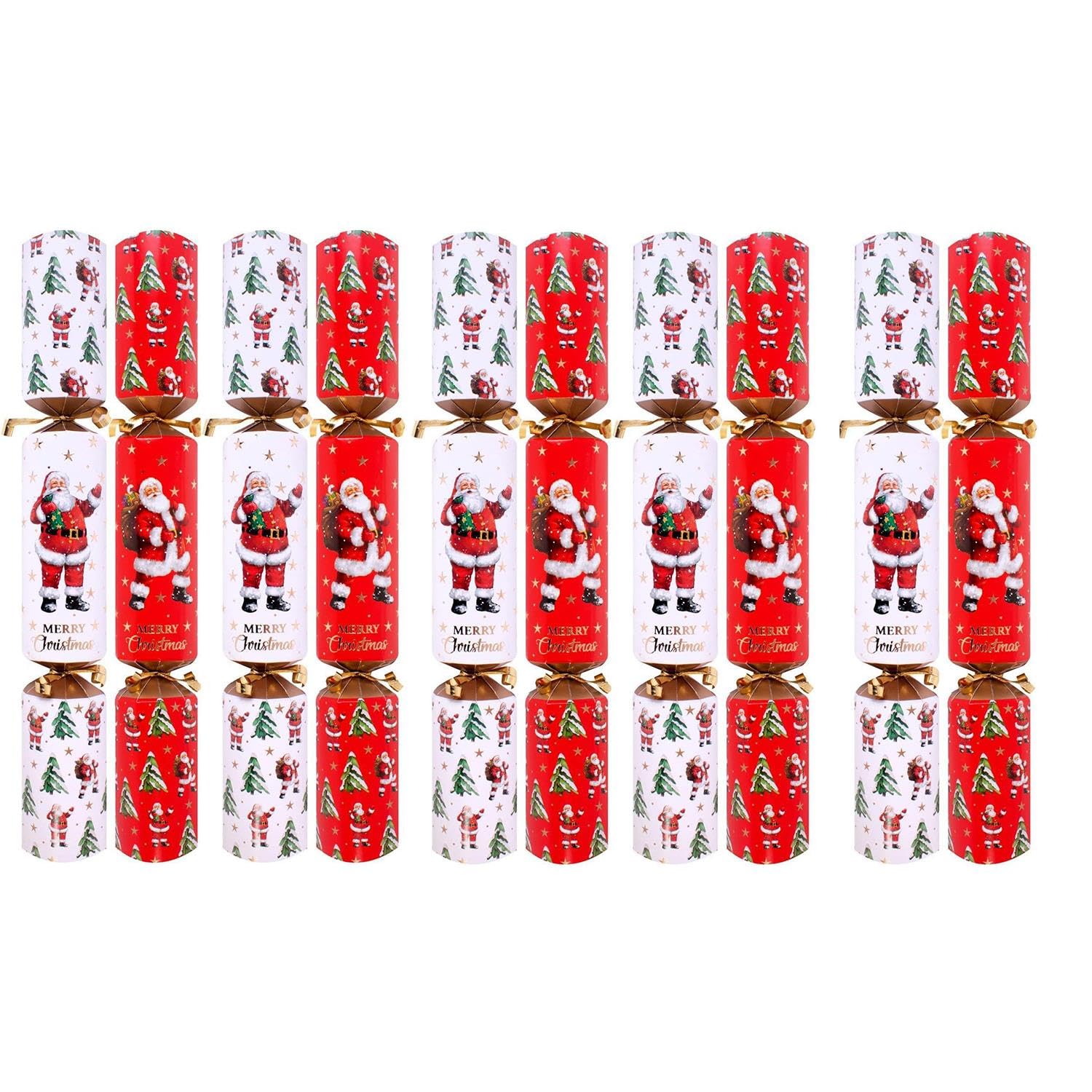 Yöl Santa 10 Christmas Crackers - Deluxe Luxury Red Gold White Metallic Design, Xmas Tree Dinner Party Celebration Recyclable
