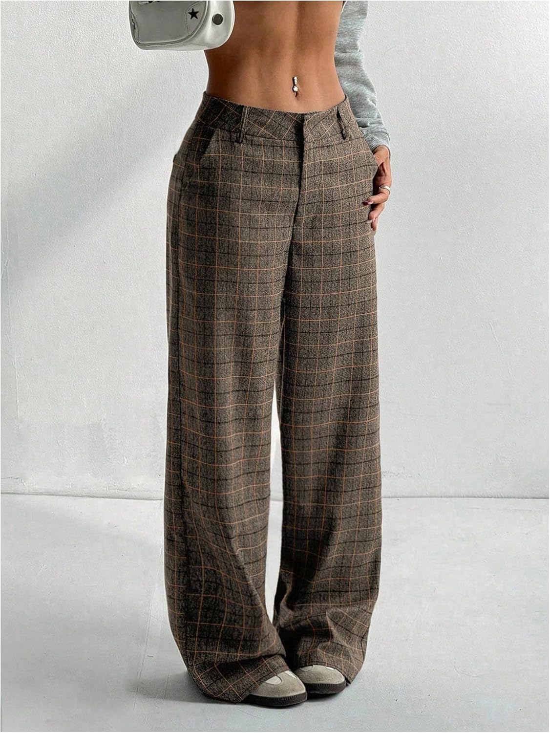 GORGLITTER Women's Dressy Plaid Low Rise Trousers Dress Pants Casual Flannel Baggy Wide Leg Checkered Pant with Pockets - Image 3