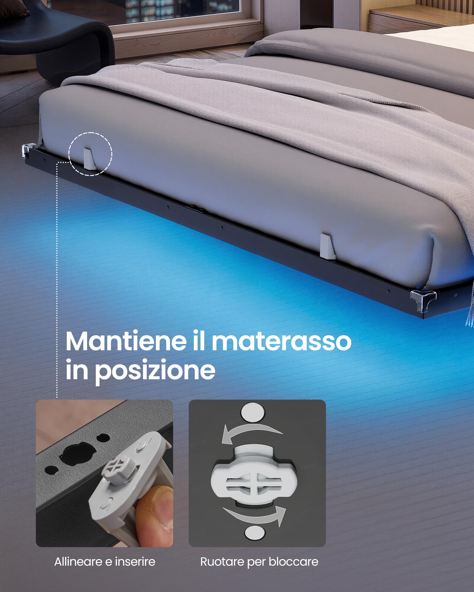VASAGLE Struttura Letto 160 x 200 cm con LED, Effetto Fluttuante, Multipresa Rimovibile, 2 Prese AC, 1 Porta USB-C, 1 Porta USB-A, 1 Porta USB-A sul Retro, Portata 500 kg, Nero Inchiostro RMB175B101