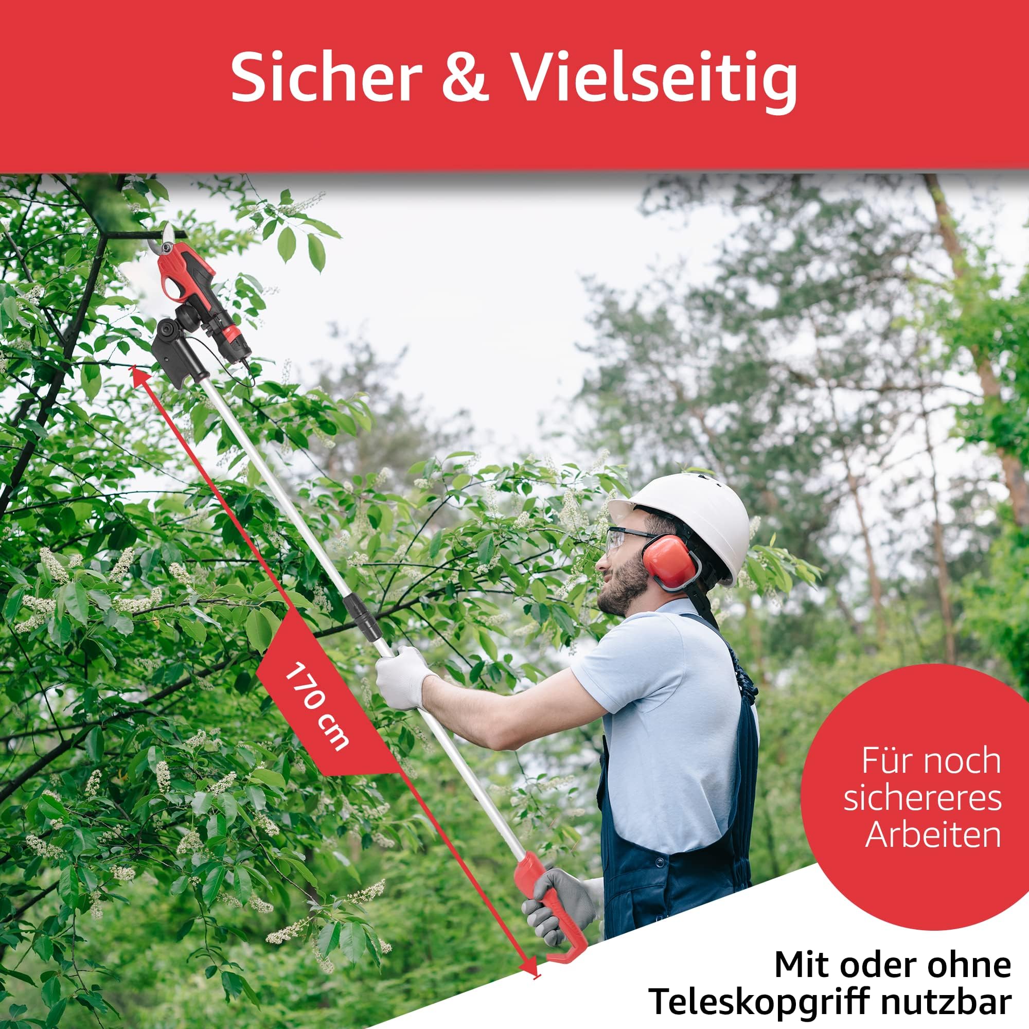 STREND PRO Akku Elektrische Astschere Teleskop | für einfach Garten und Baum Beschneiden | max. 22mm, 170cm Lang teleskopstiel Getriebe gartenschere | 1 x 7.2V Akku enthalten | Akkuschere, Baumschere
