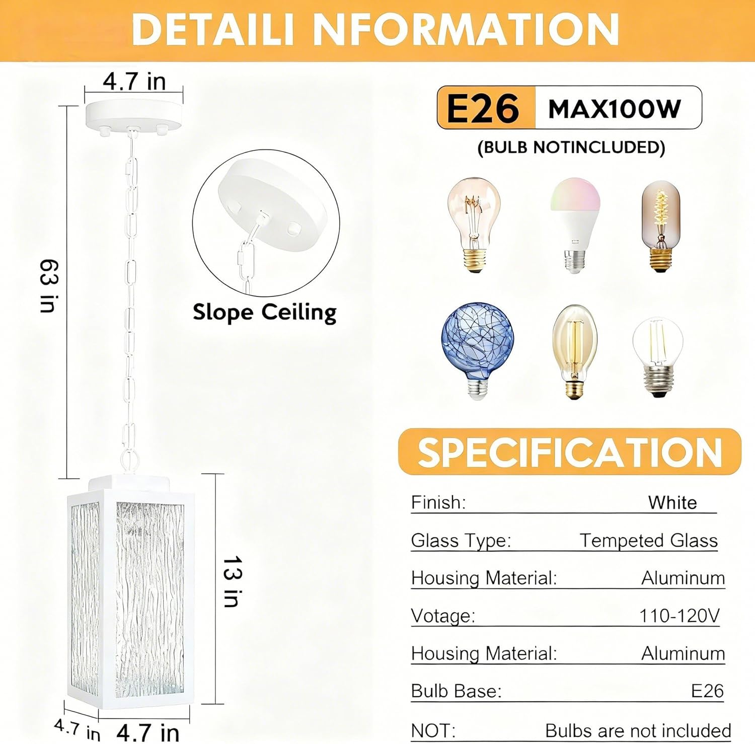 Outdoor Pendant Light, 11" Porch lights Outdoor Chandelier Hanging Ceiling Lights, White Aluminum Lightshade with Tempered Glass, Exterior Lighting Fixture for Porch Yard Gazebo, 1 Pack, No Sensor