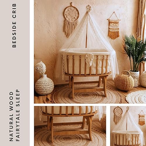 Miniatura 4 de Moisés de madera para bebé con dosel, cuna de haya natural con función de balanceo y bloqueo, incluye juego de ropa de cama 100% algodón, colchón,