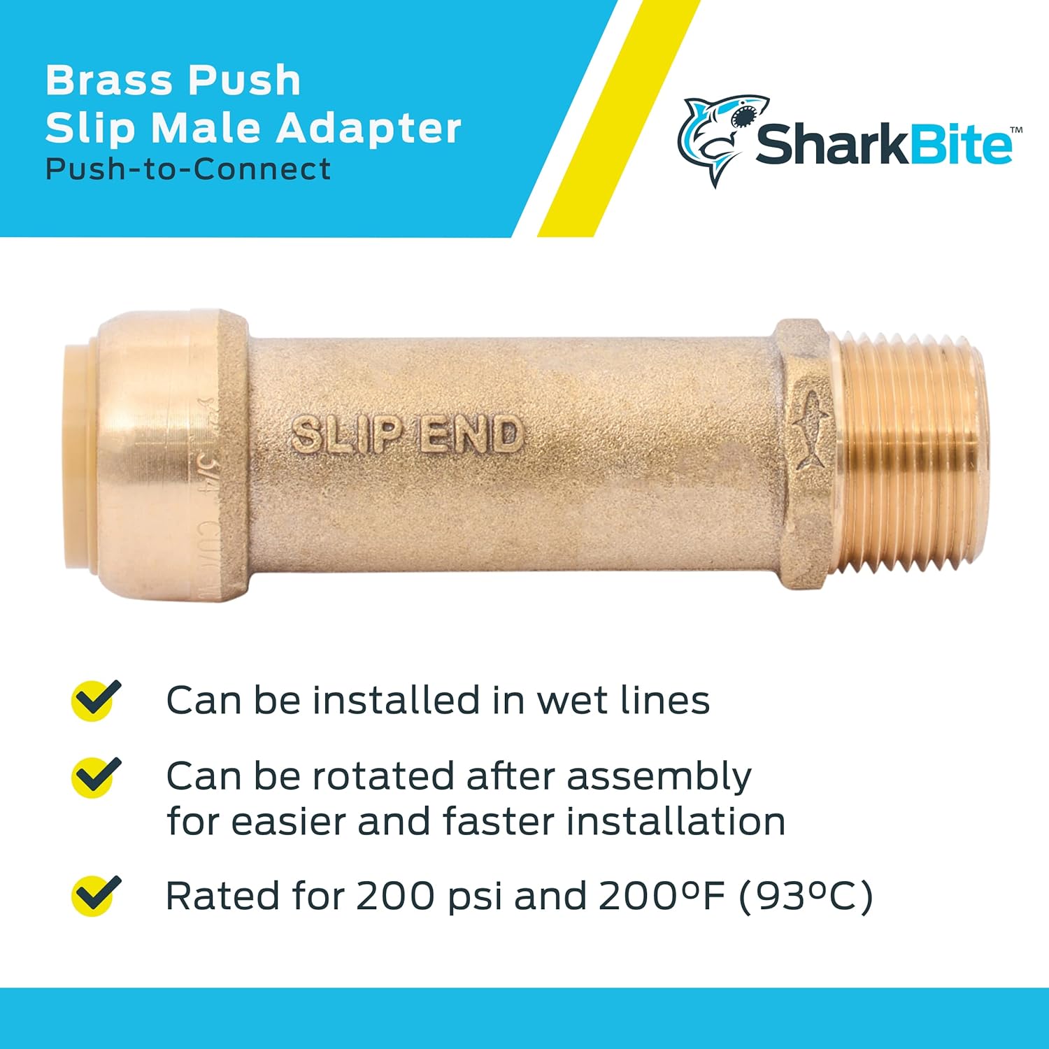SharkBite 3/4 Inch MNPT Slip Adapter, Push to Connect Brass Plumbing Fitting, Copper, CPVC, U3134LFA